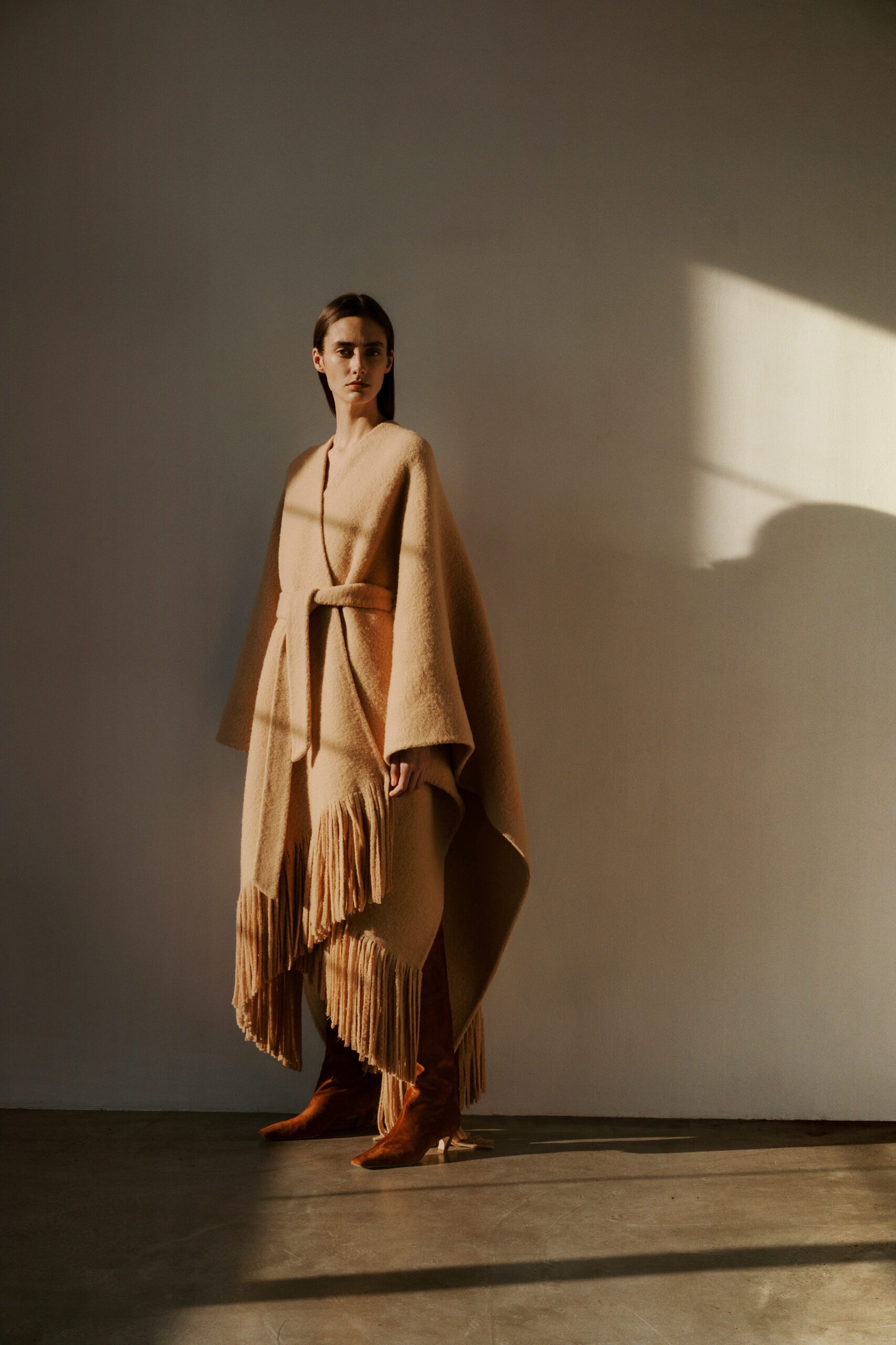 beige wool long-sleeve v-neck relaxed fringed poncho
