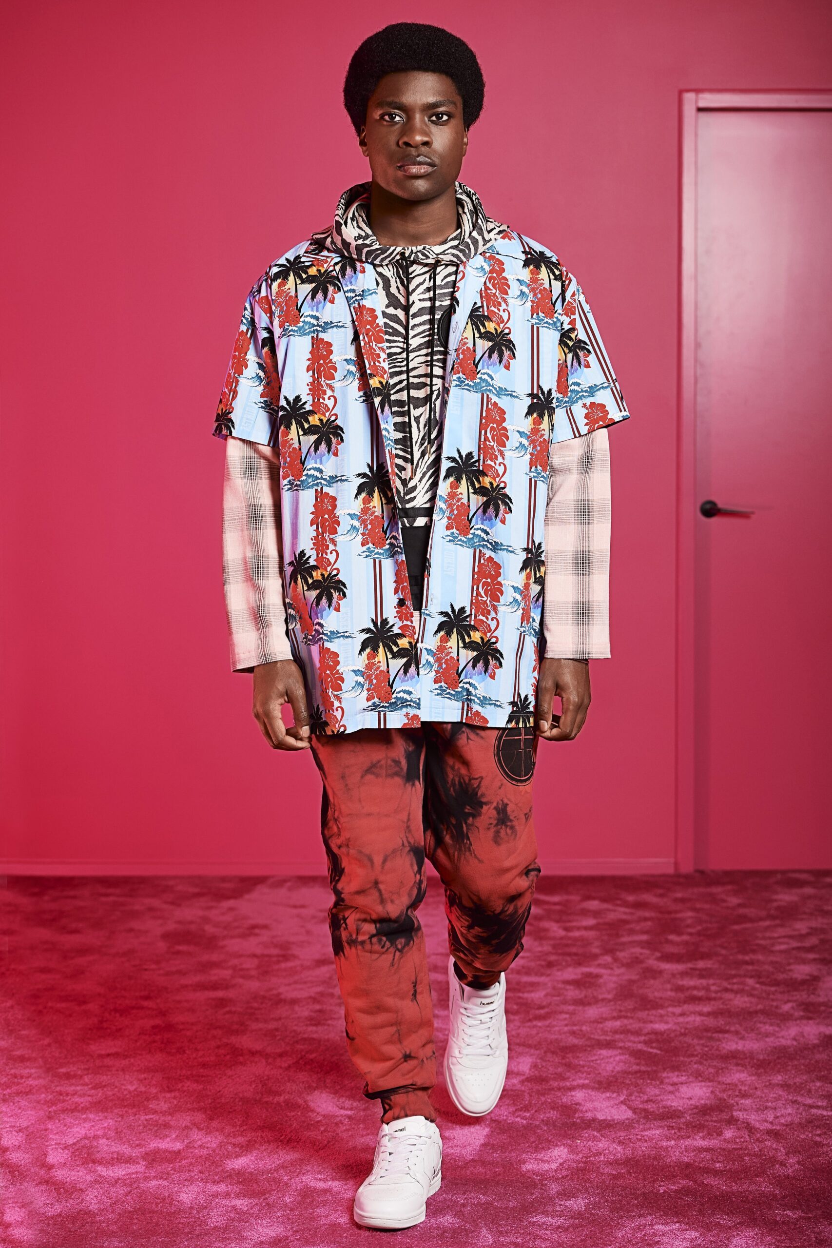 colorful printed shirt and relaxed pants