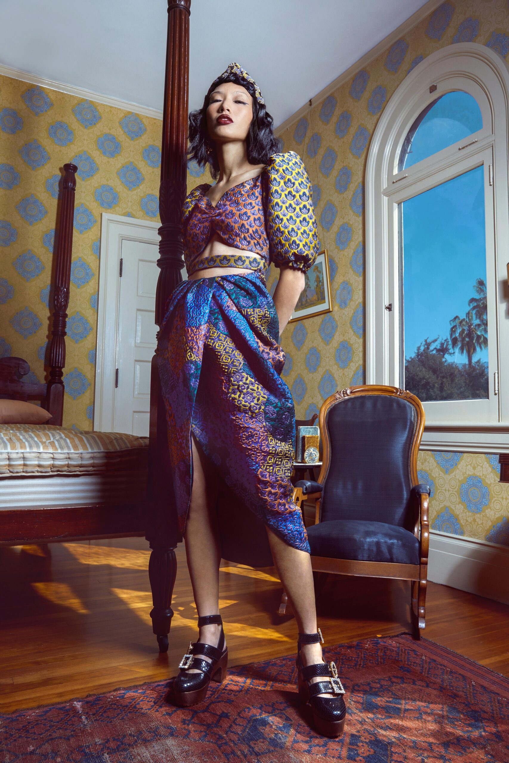 fitted purple silk top and skirt