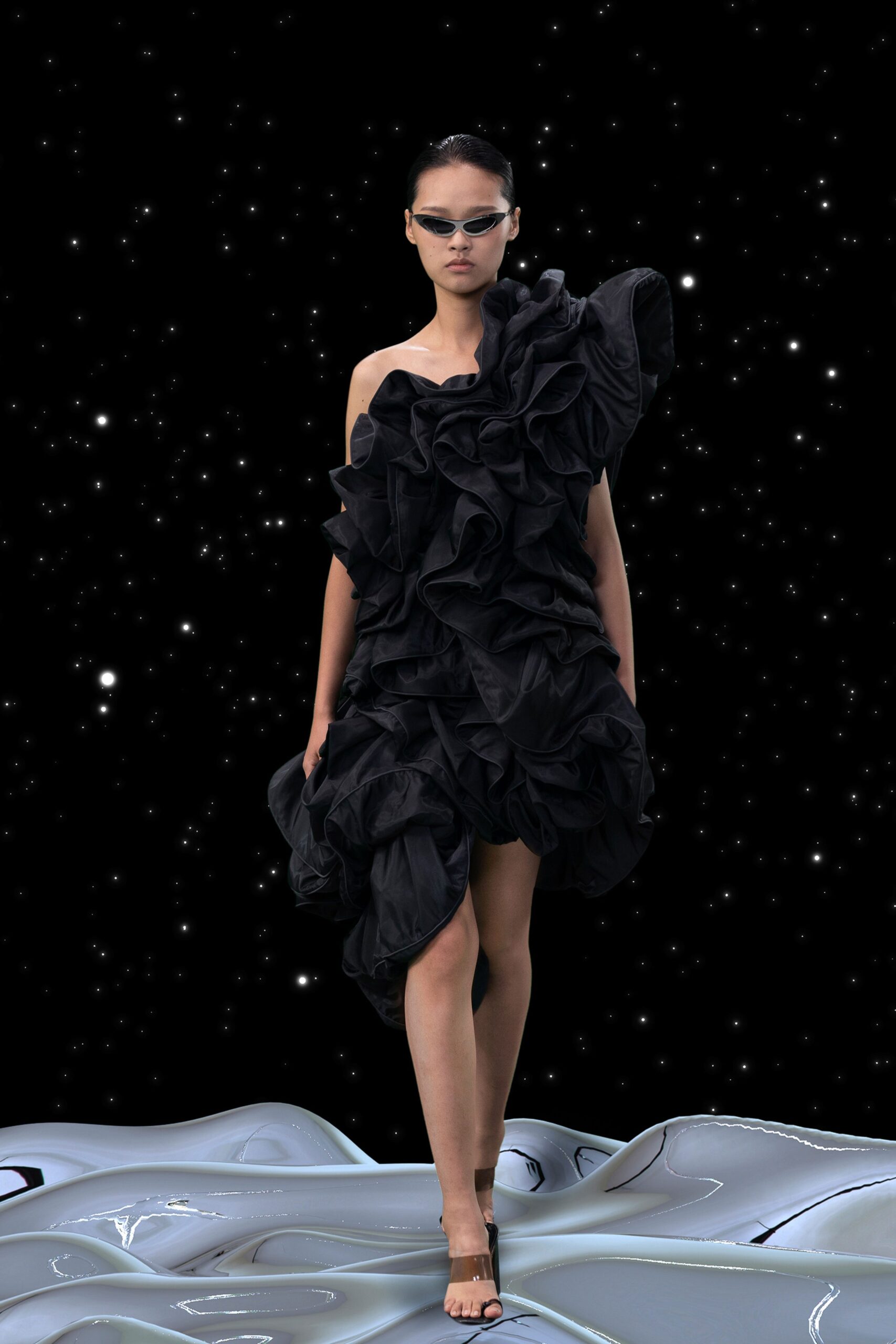 black ruffled mini dress