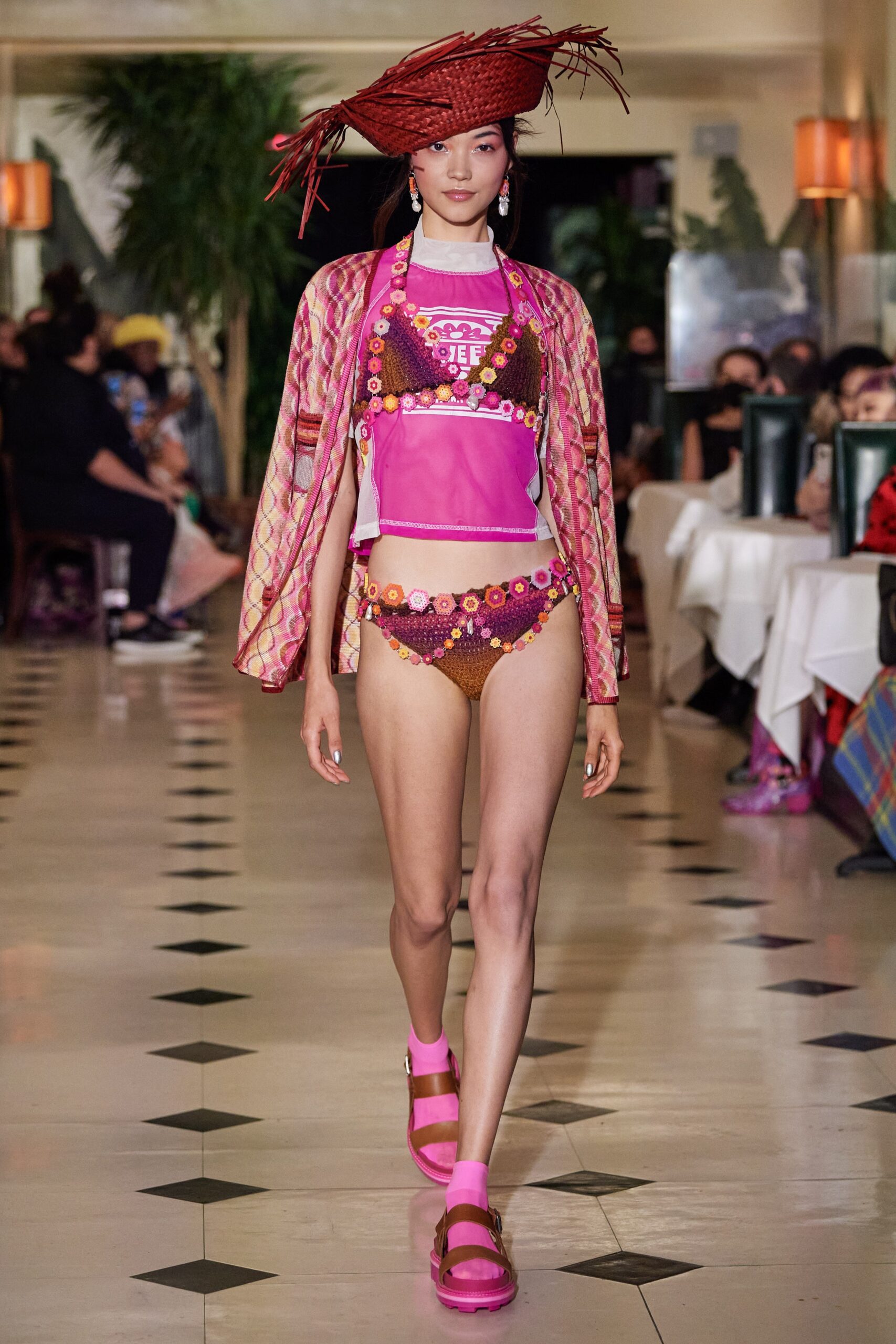 pink embroidered bikini with kimono