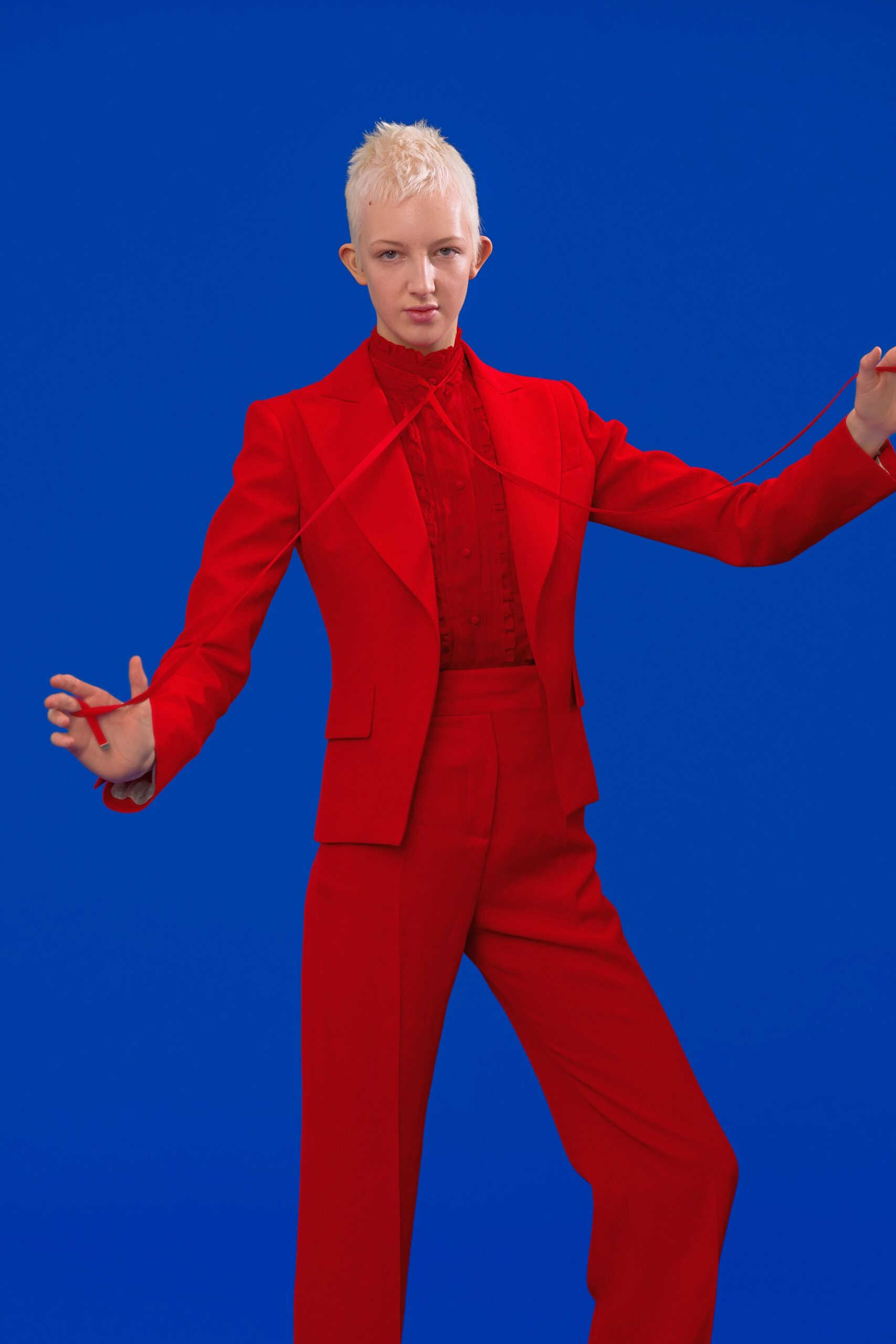 red tailored suit with shirt