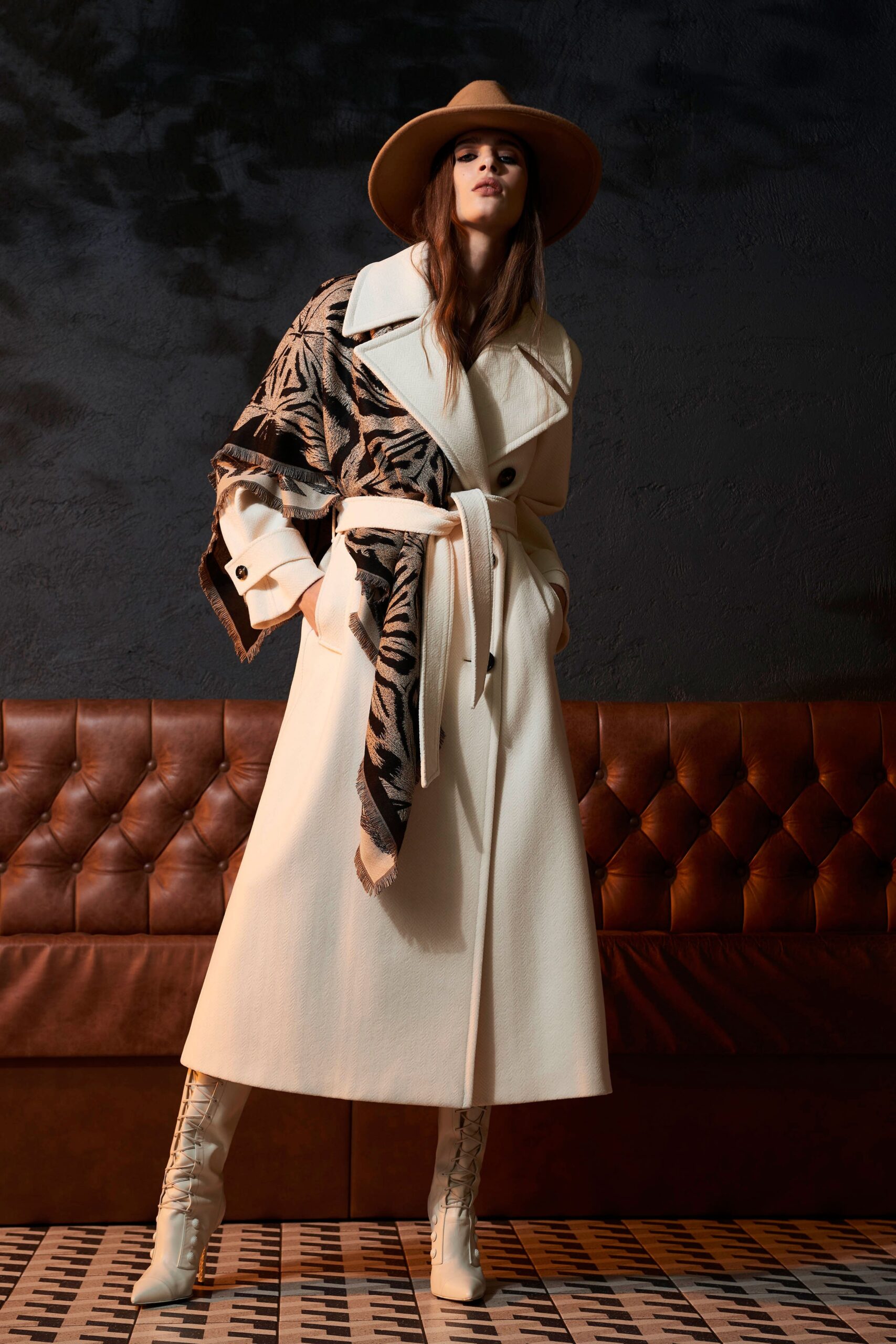 white wool long-sleeve collared fitted belted maxi coat