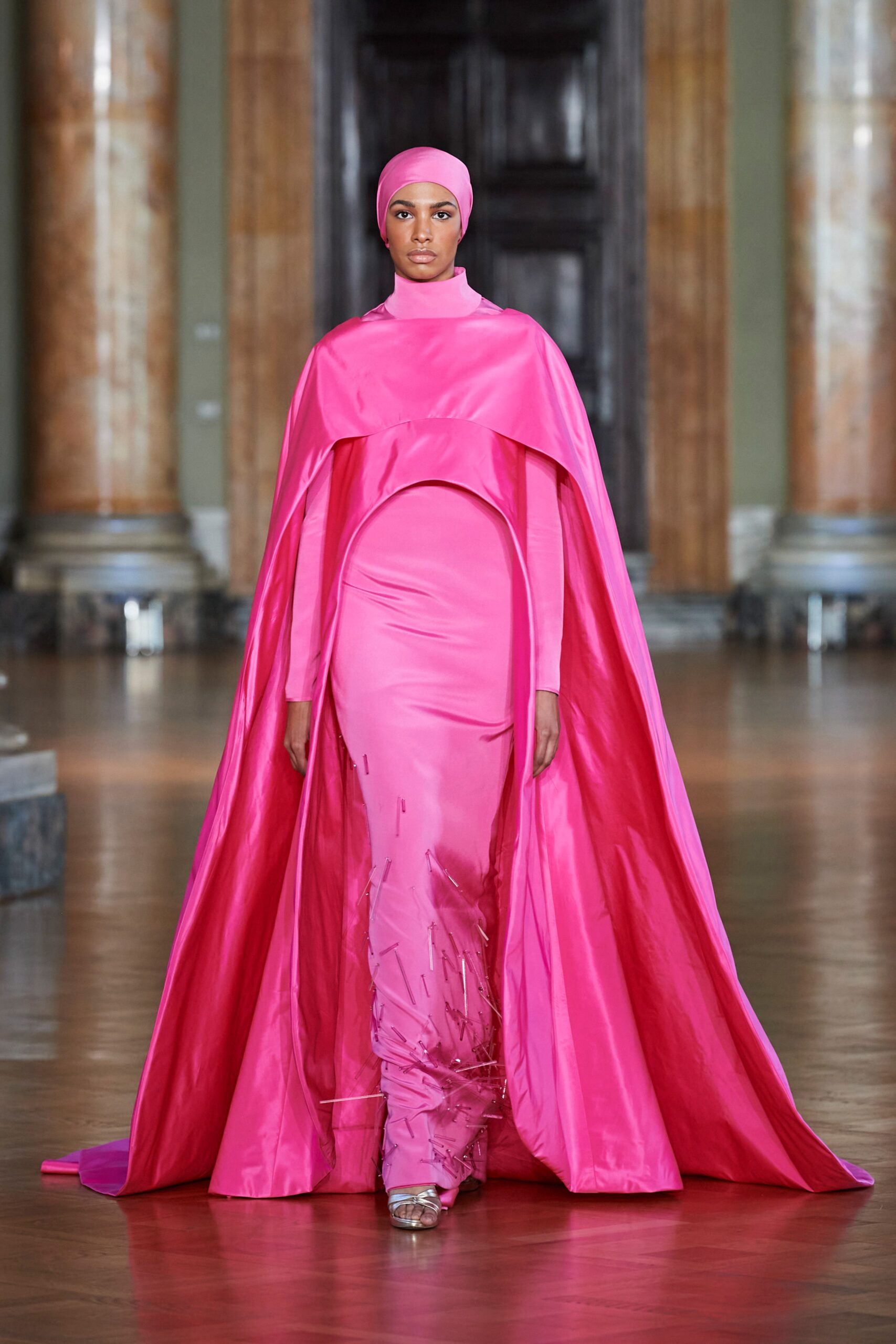 pink silk gown with cape
