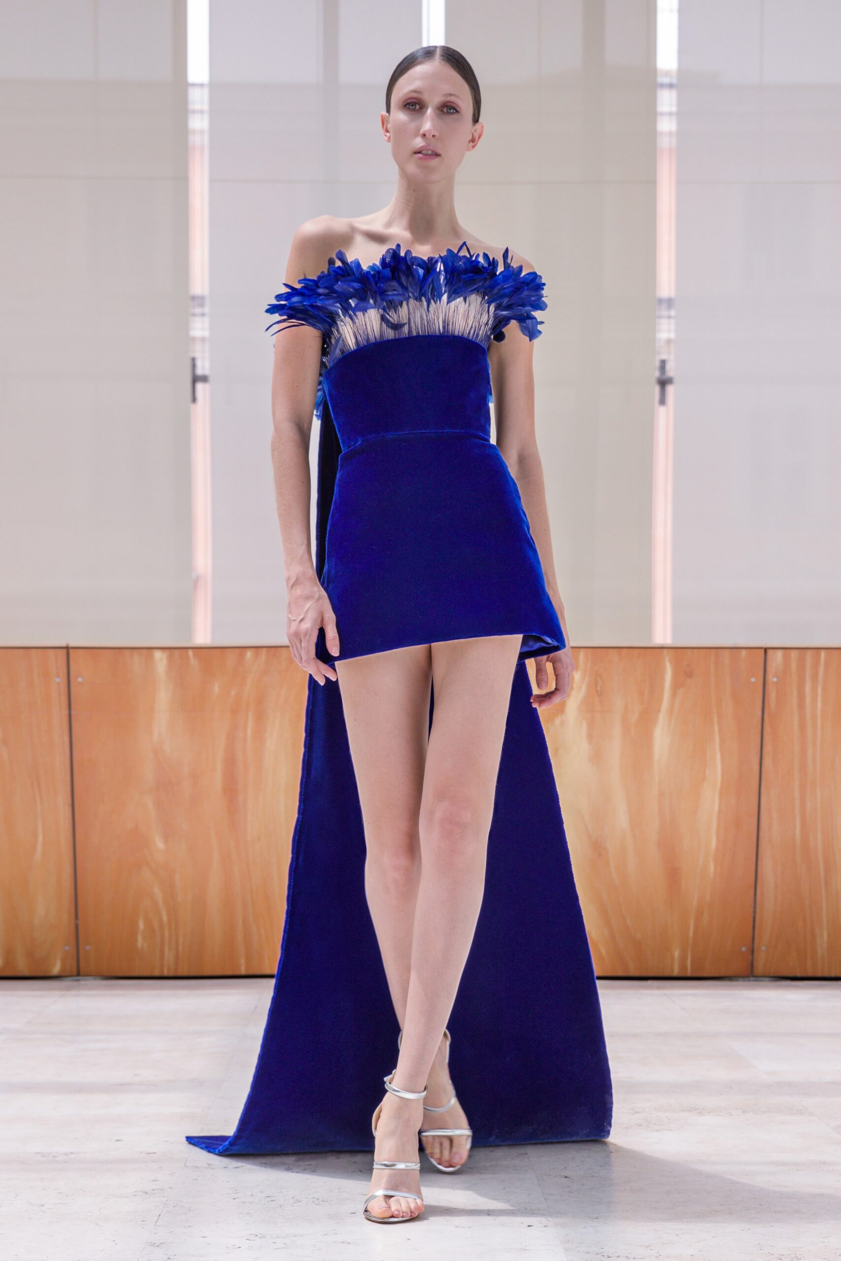 blue velvet strapless dress