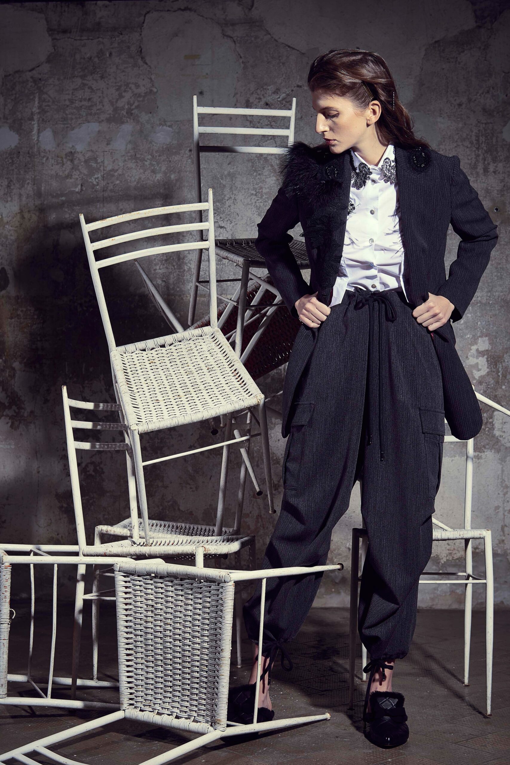 black tailored blazer with white shirt