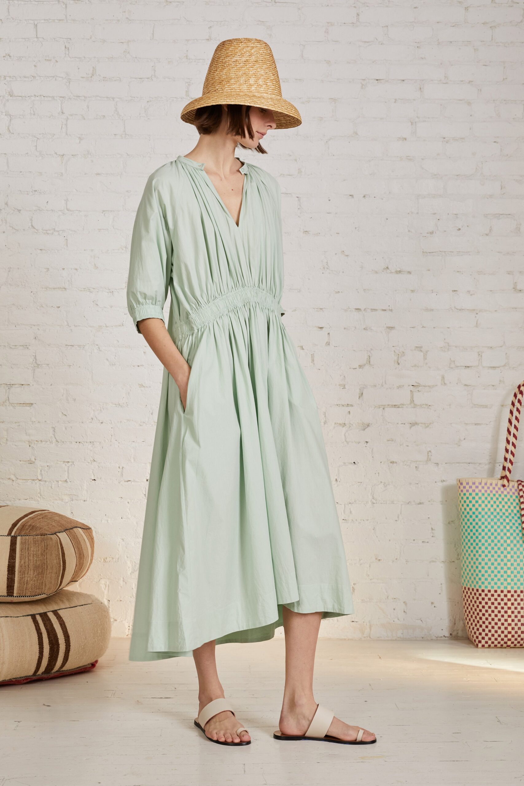 relaxed green cotton midi dress