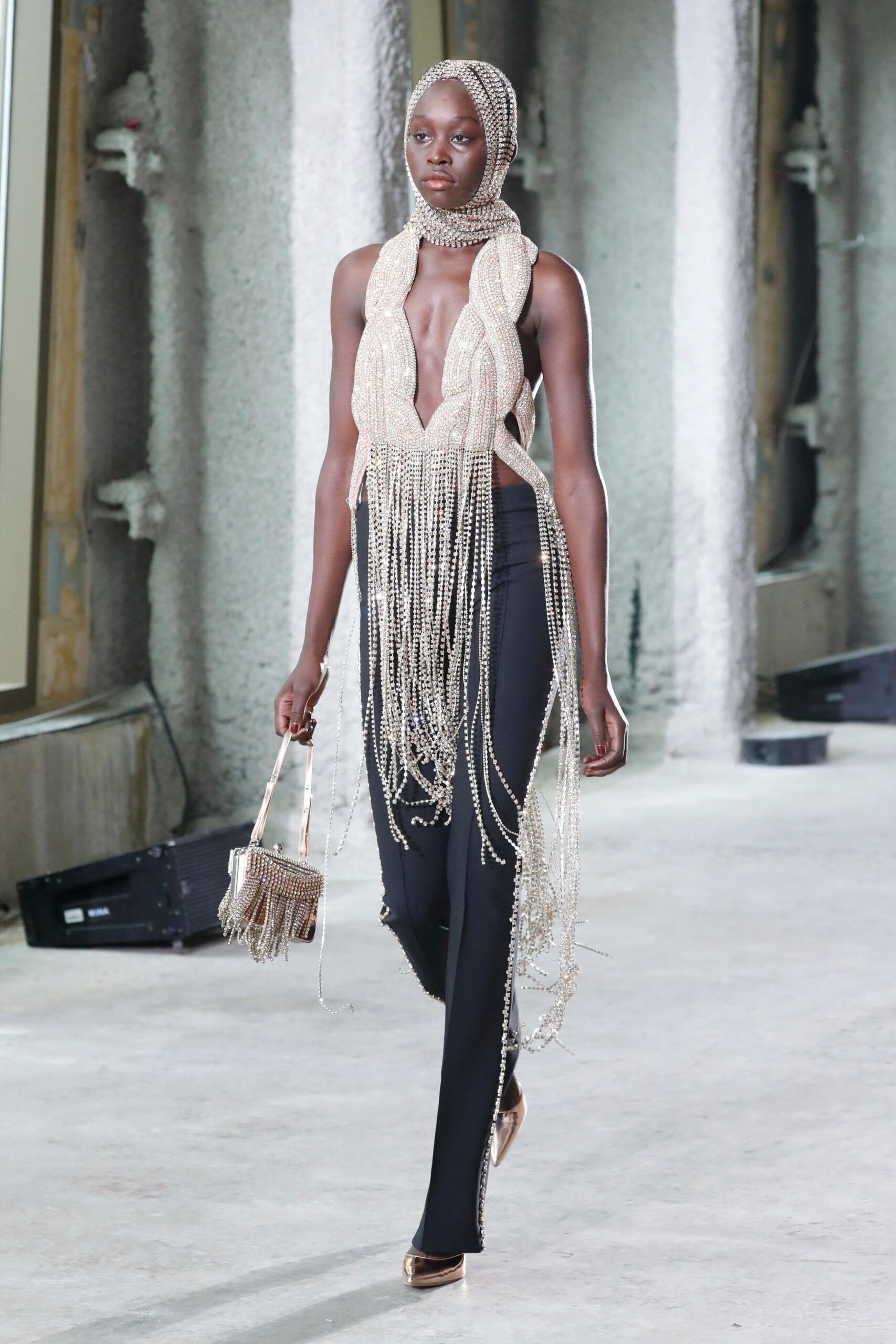 black beaded jumpsuit with bag