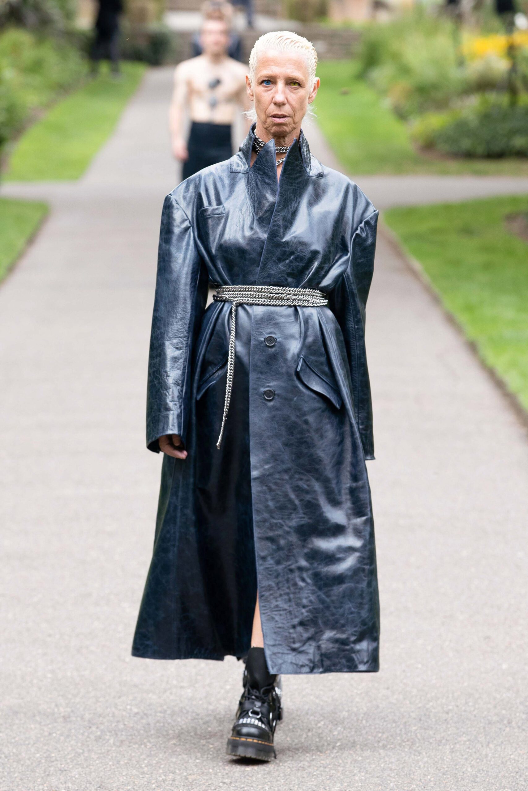 black leather belted coat