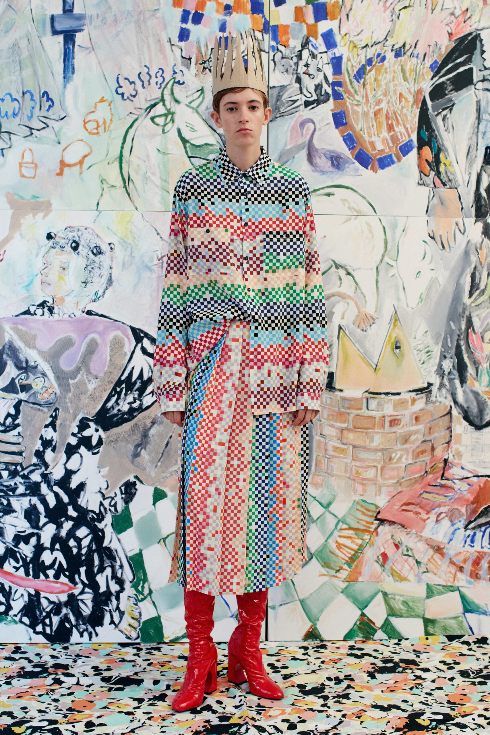 colorful checked shirt-dress with red boots