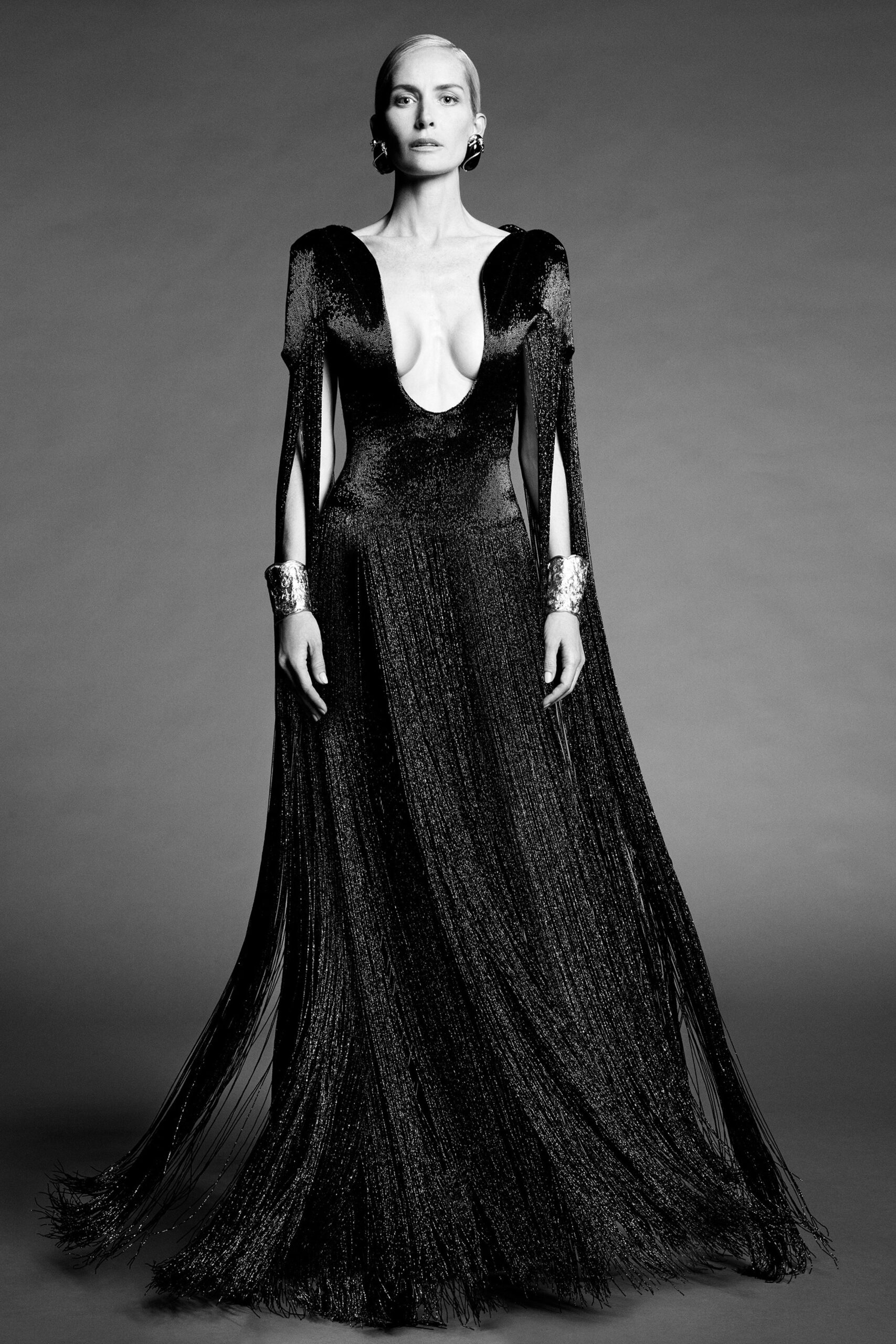 black silk sleeveless gown