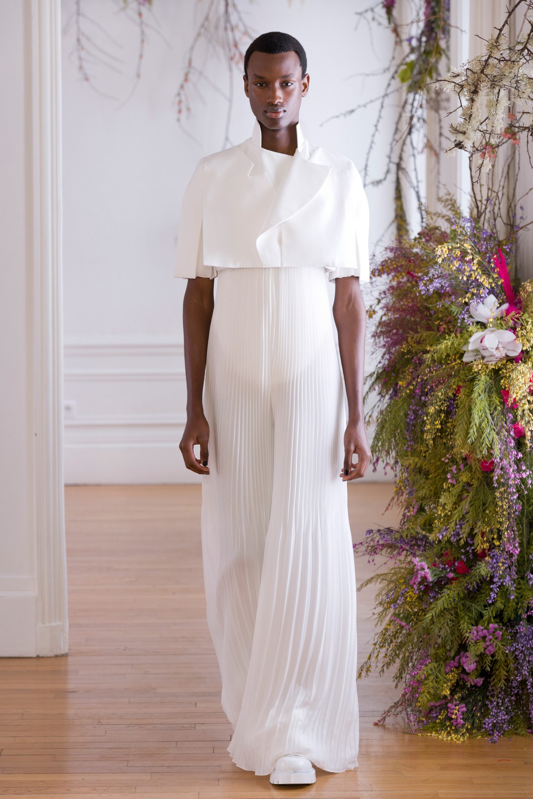white silk short-sleeve collared structured cape