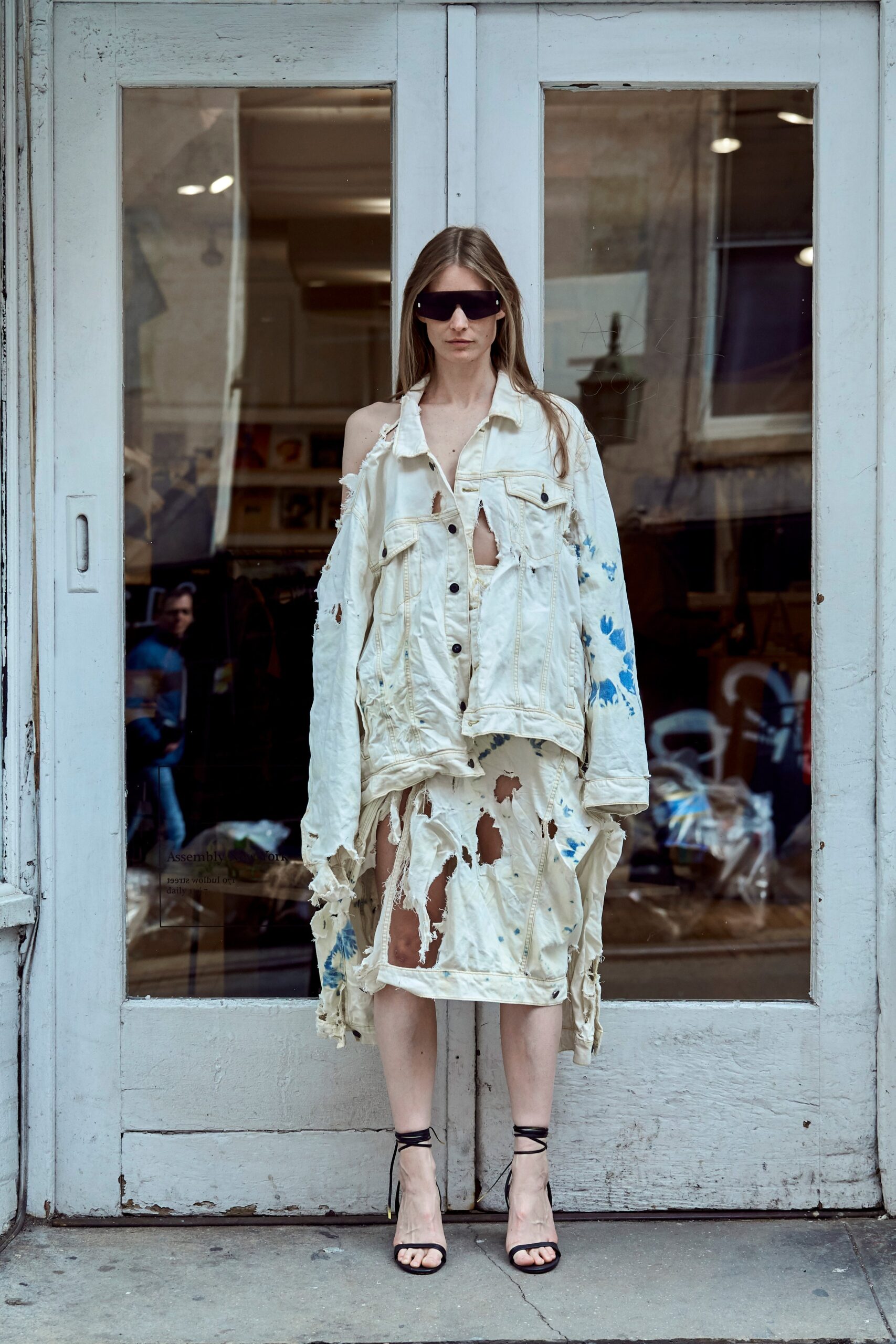 distressed white midi dress with oversized jacket