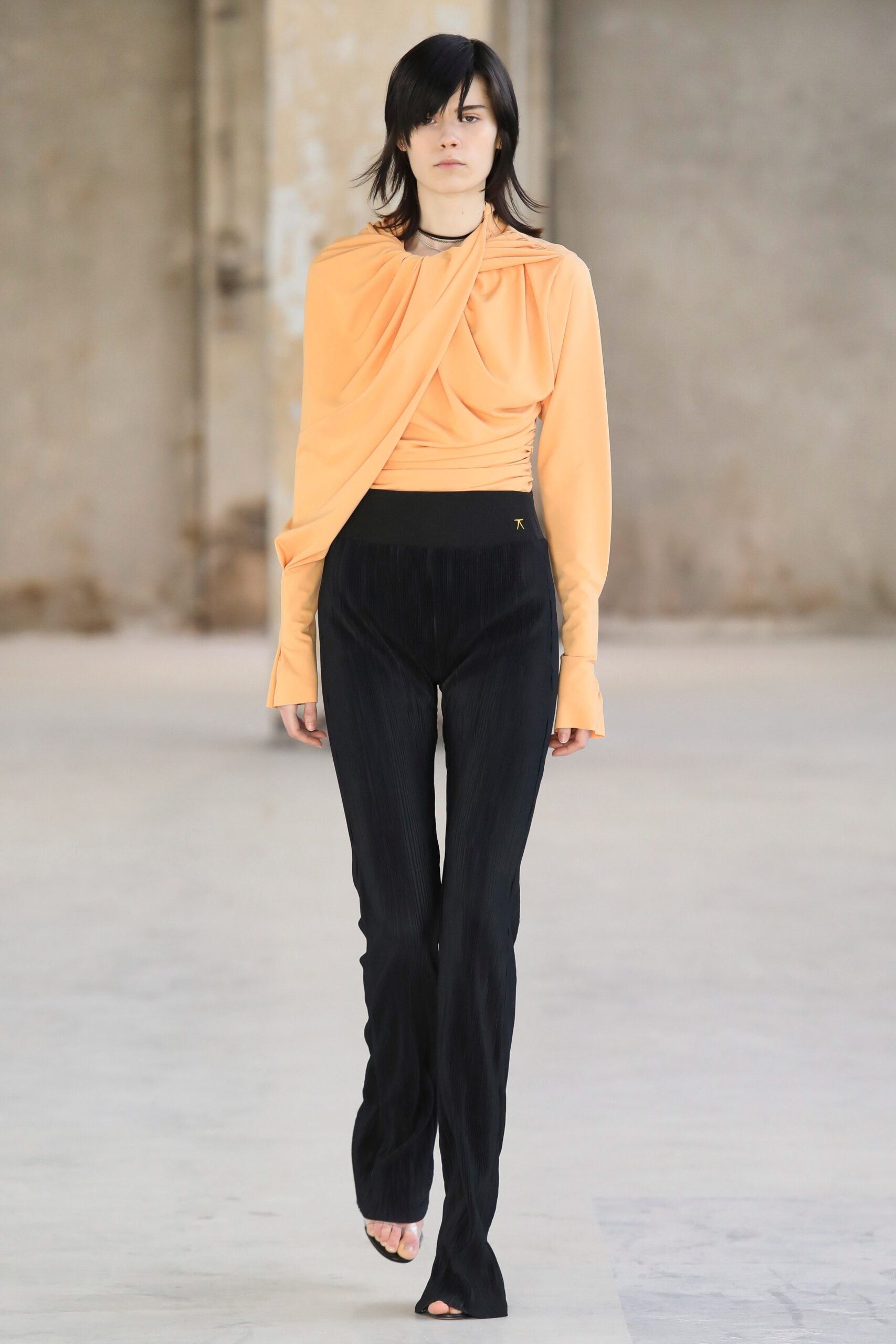 orange long-sleeve v-neck fitted draped top