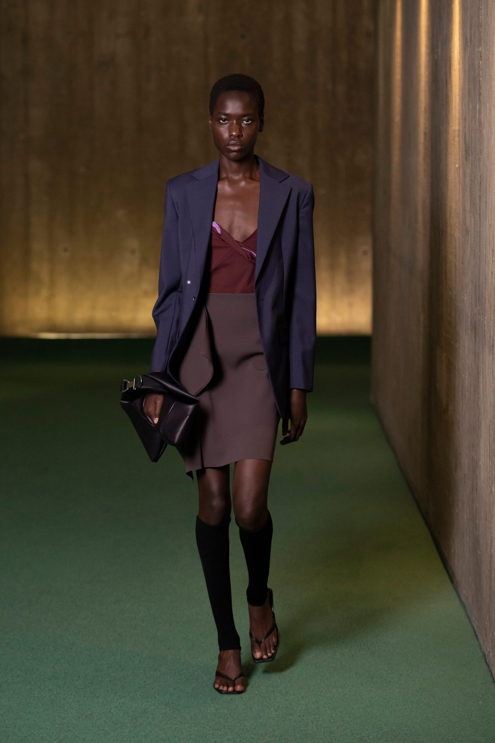 blue tailored blazer and brown mini dress
