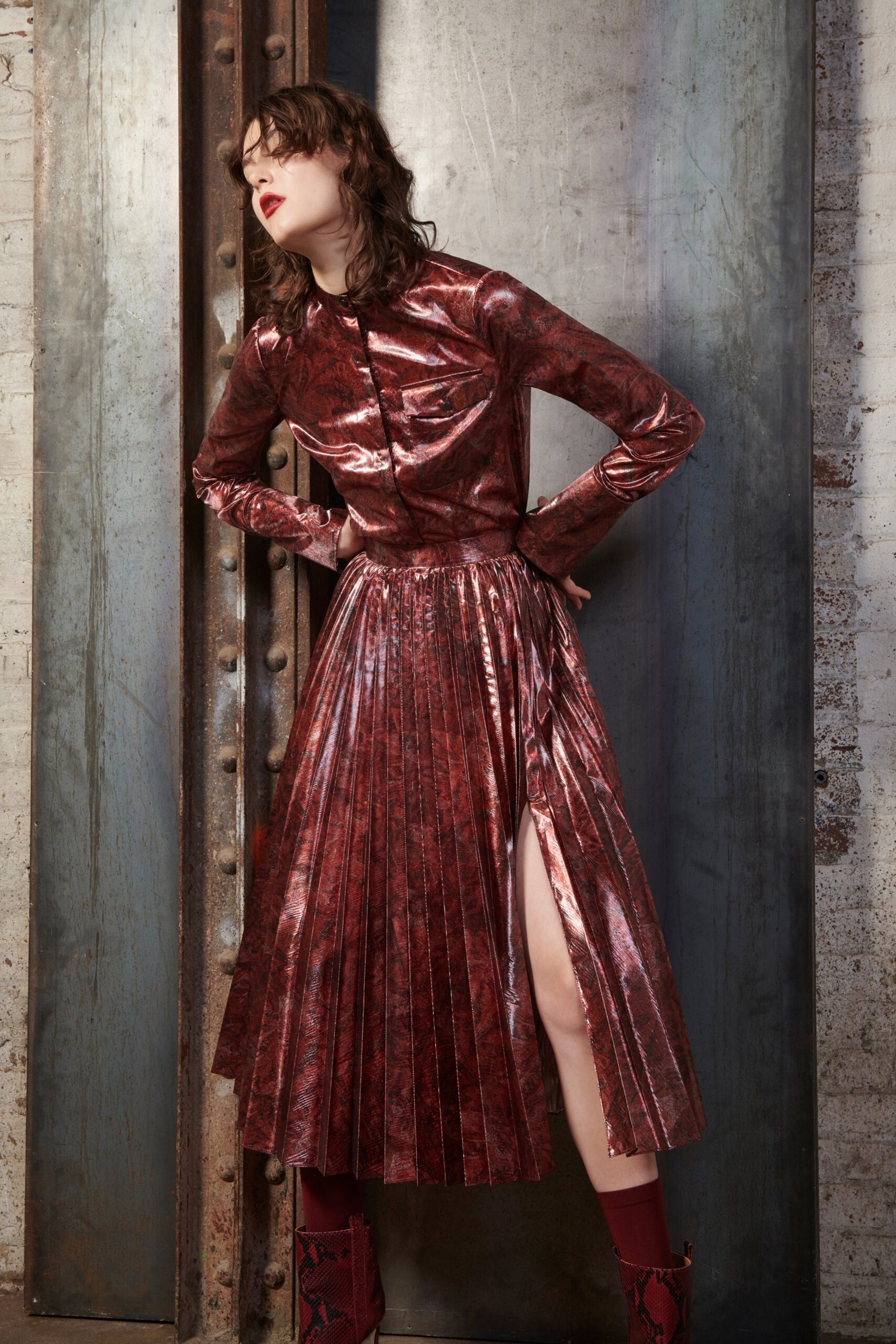 red silk long-sleeve pleated dress
