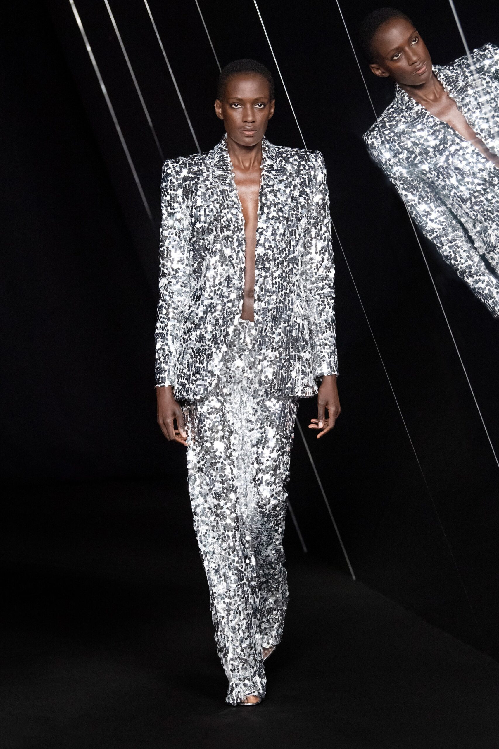 fitted silver sequin suit