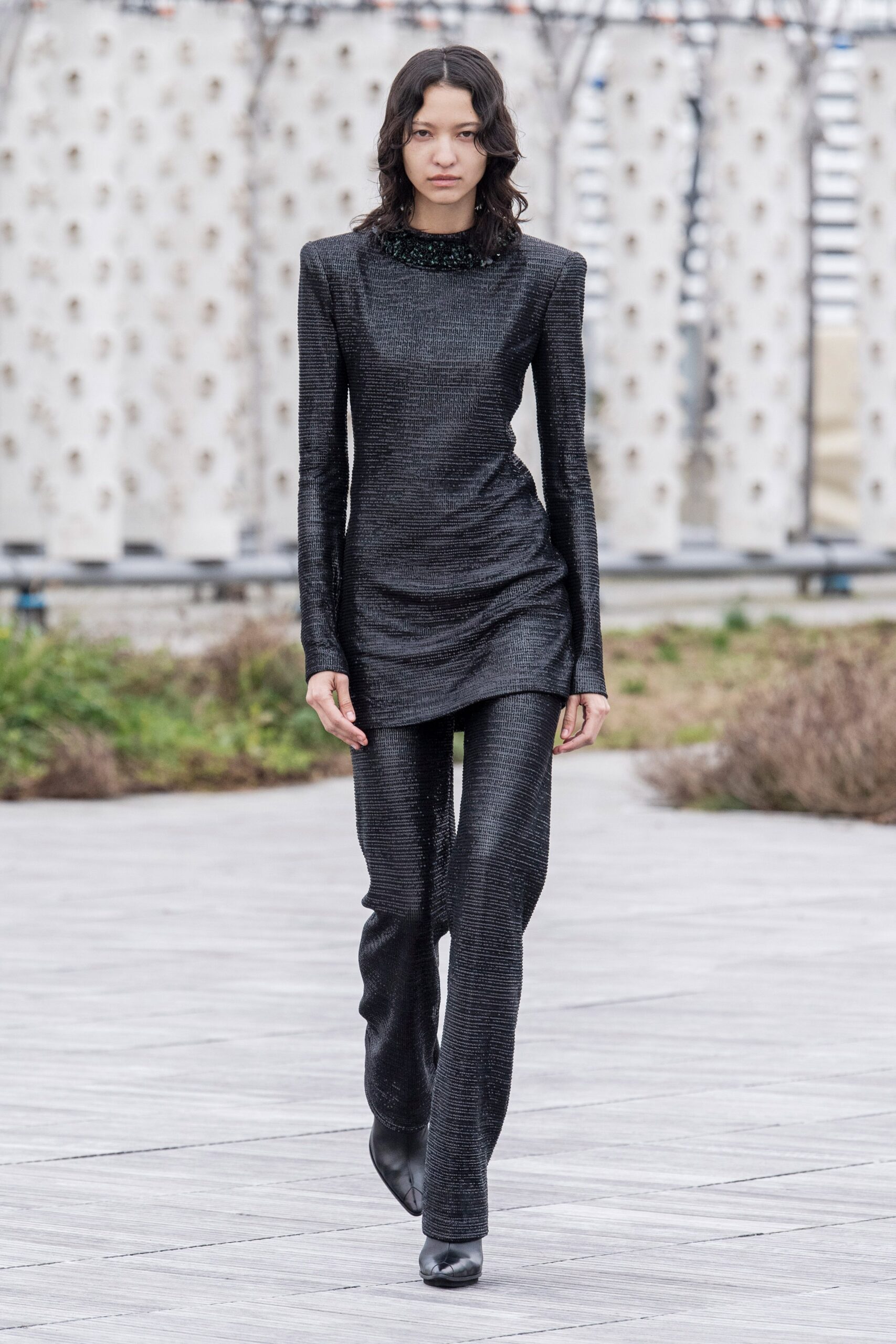 black silk long-sleeve high-neck fitted structured shiny top
