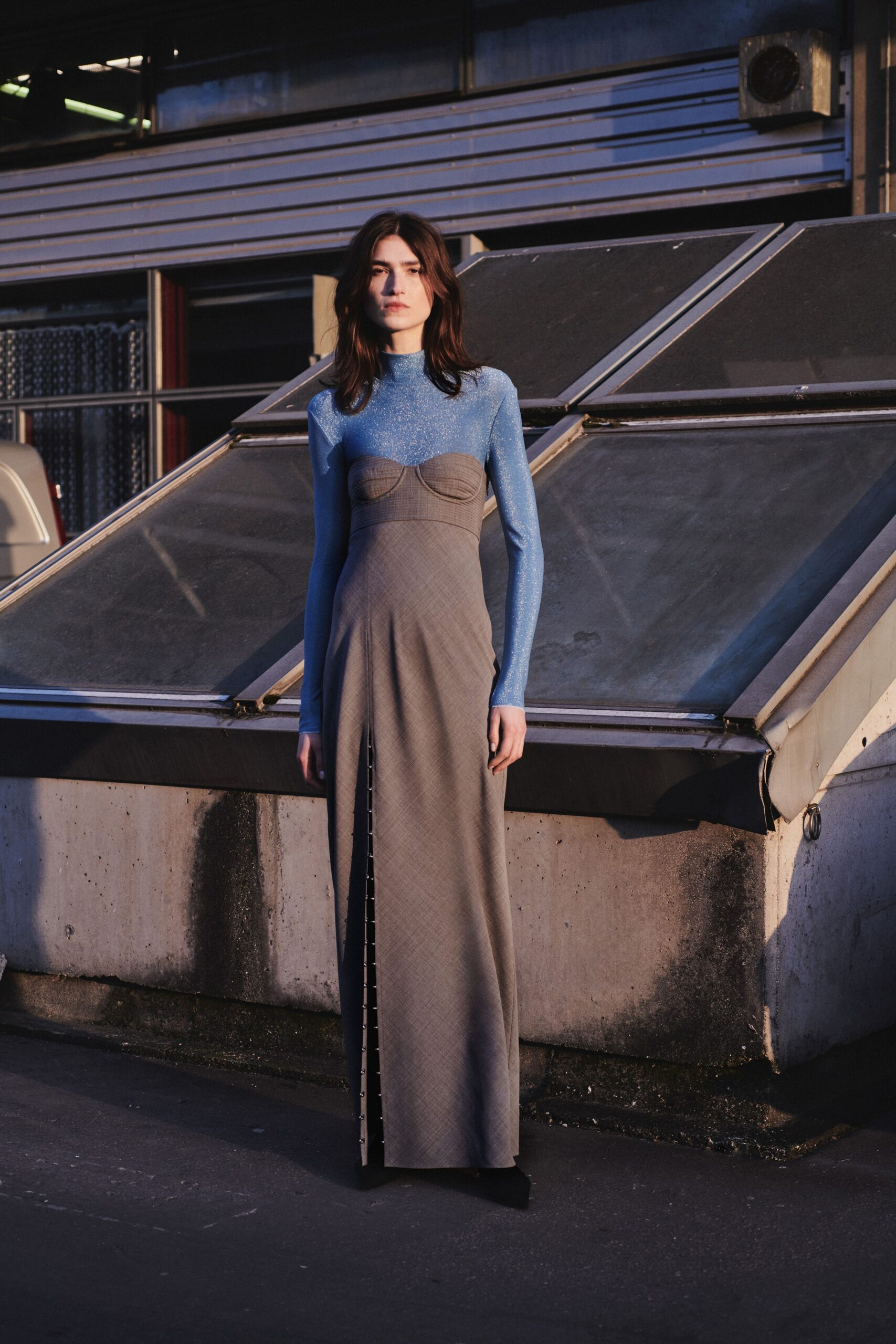 gray maxi gown with blue top