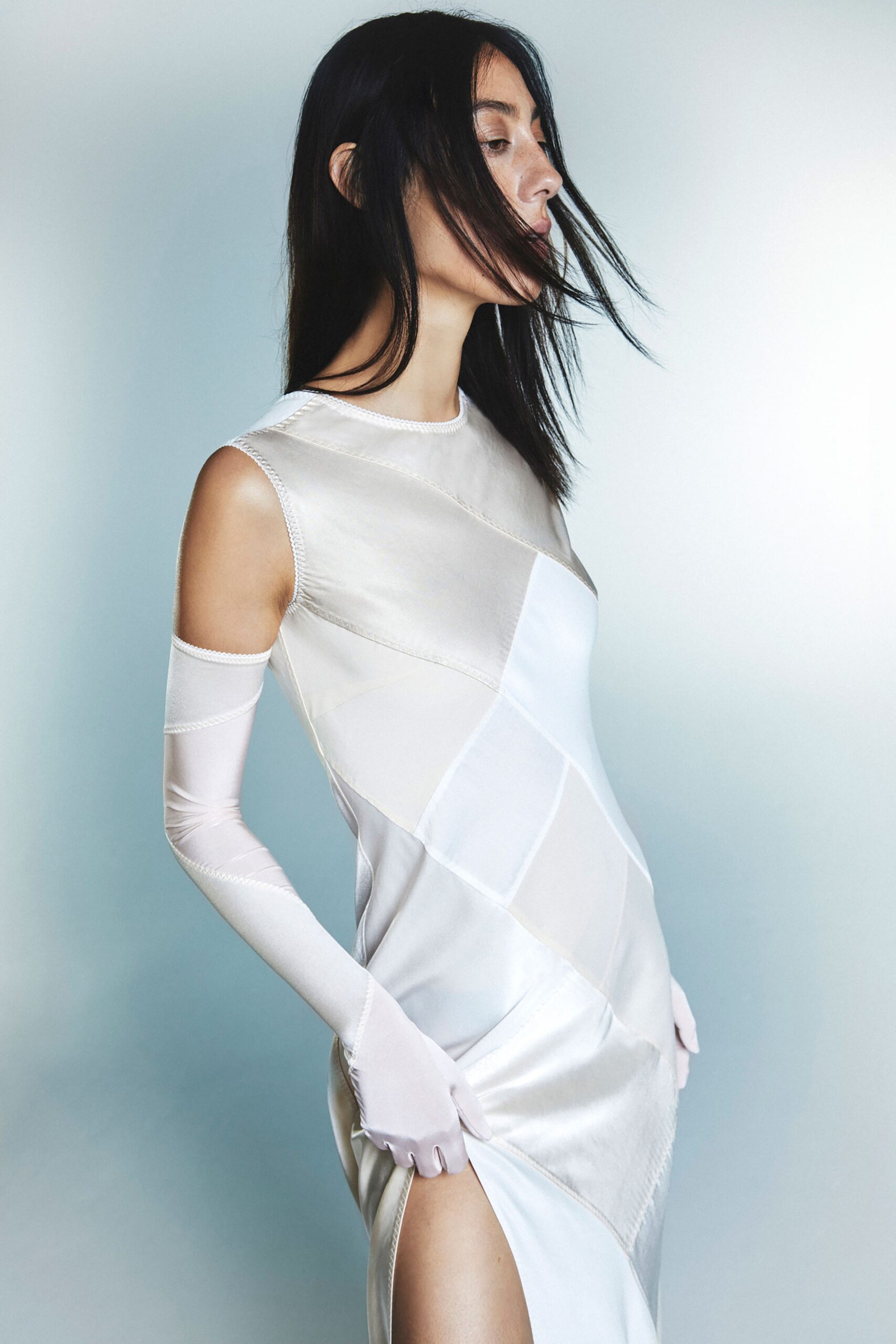 white silk sleeveless high-neck fitted sheer midi dress