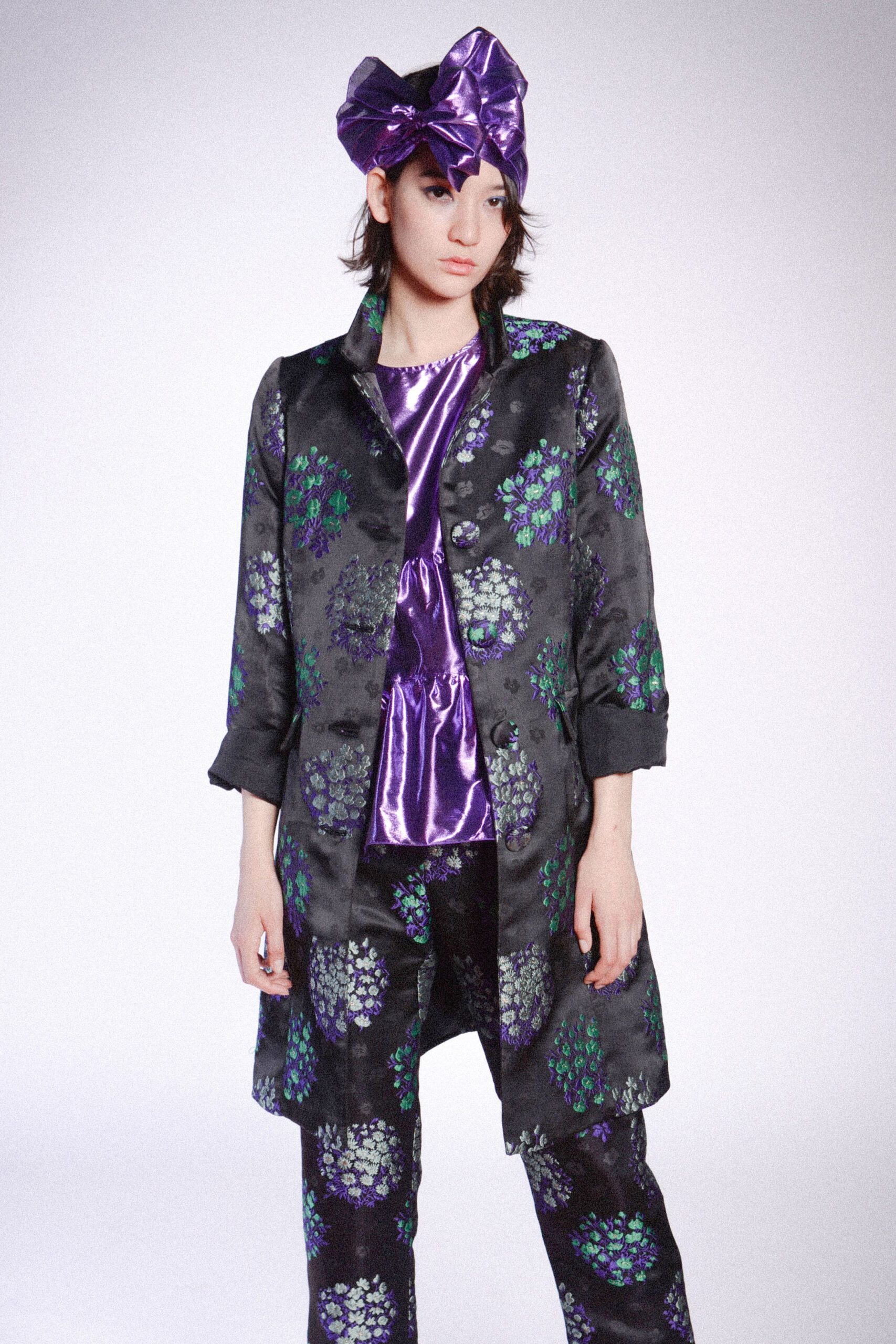 black and purple printed coat