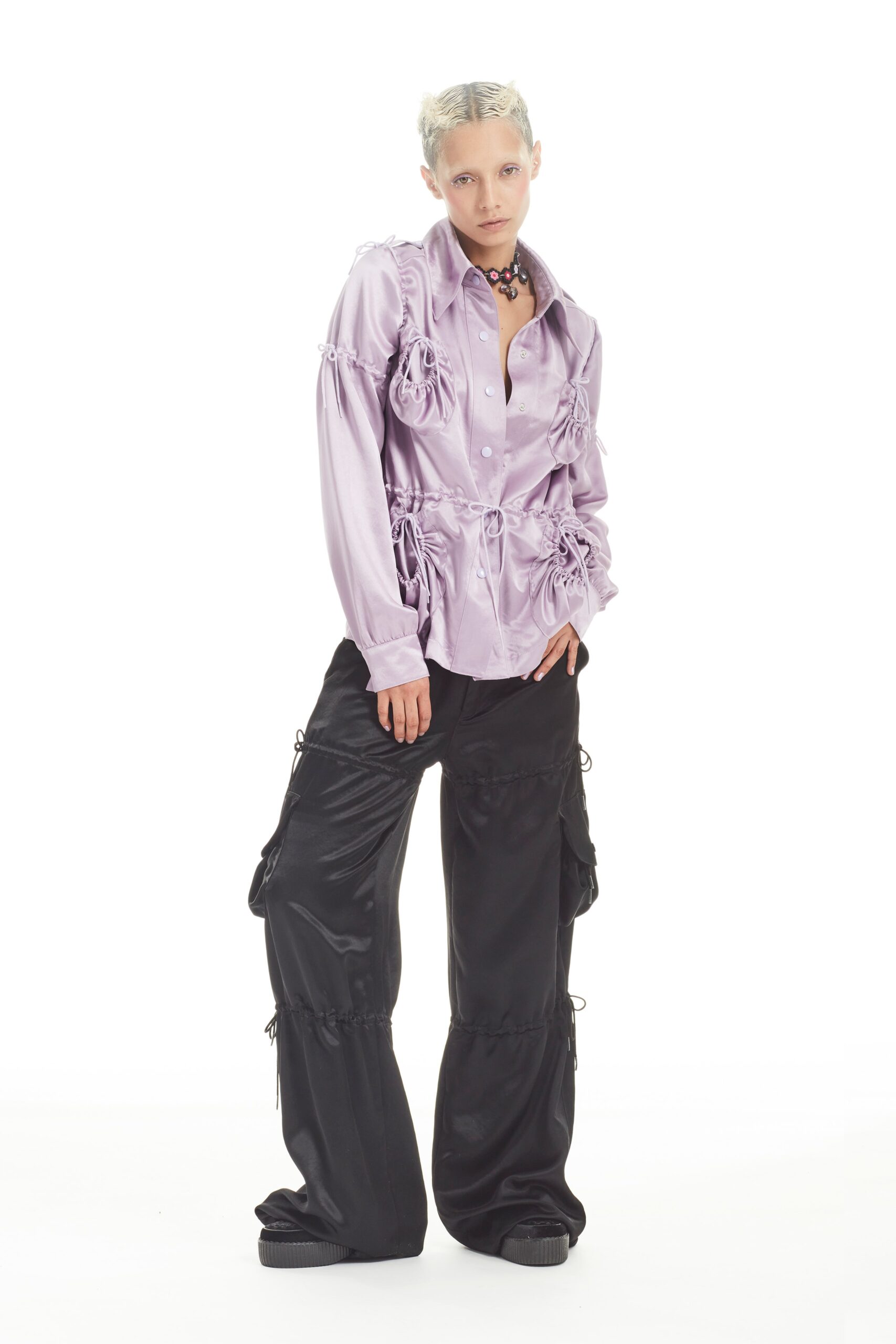 purple silk long-sleeve collared relaxed ruffled shirt