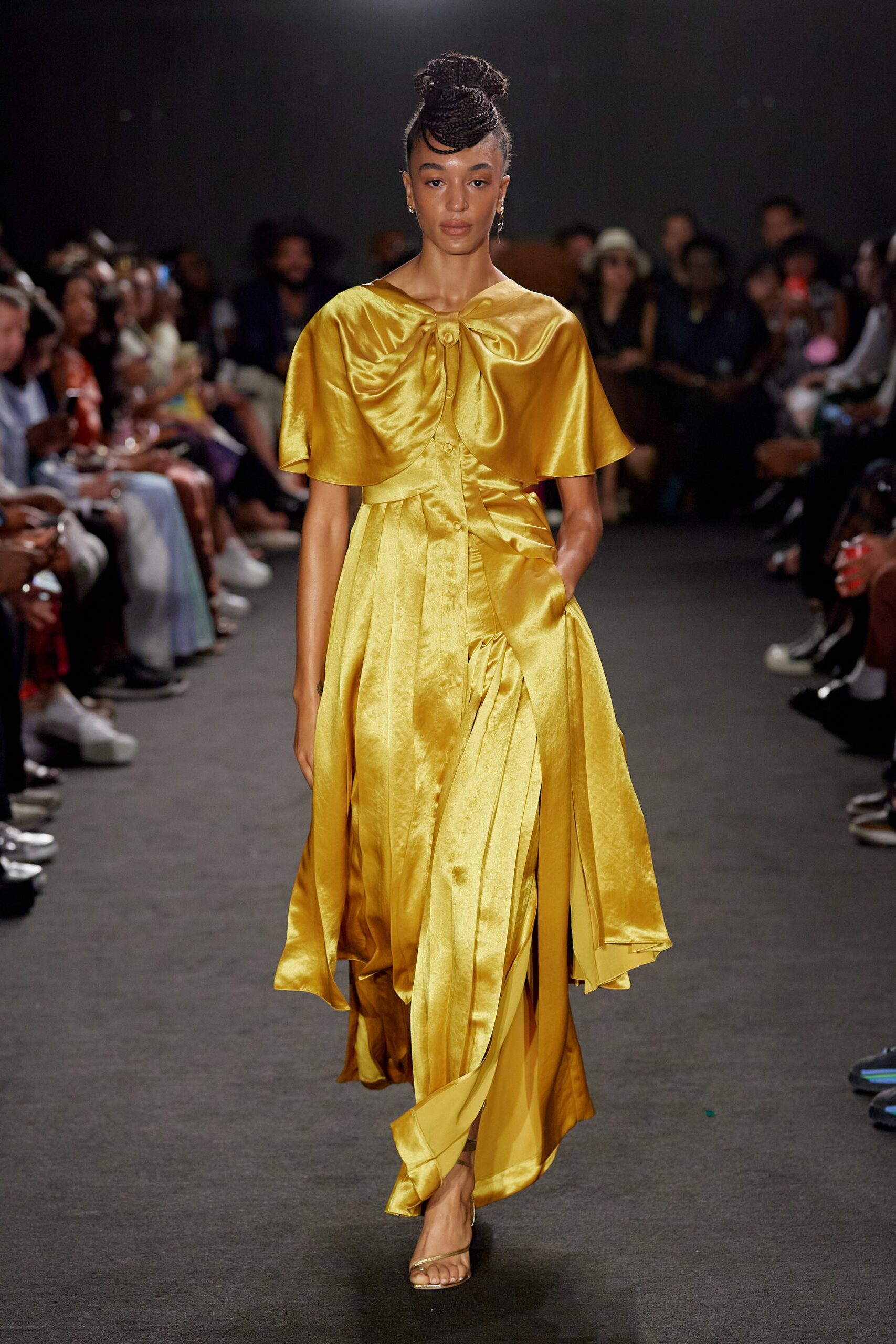 yellow silk fitted dress