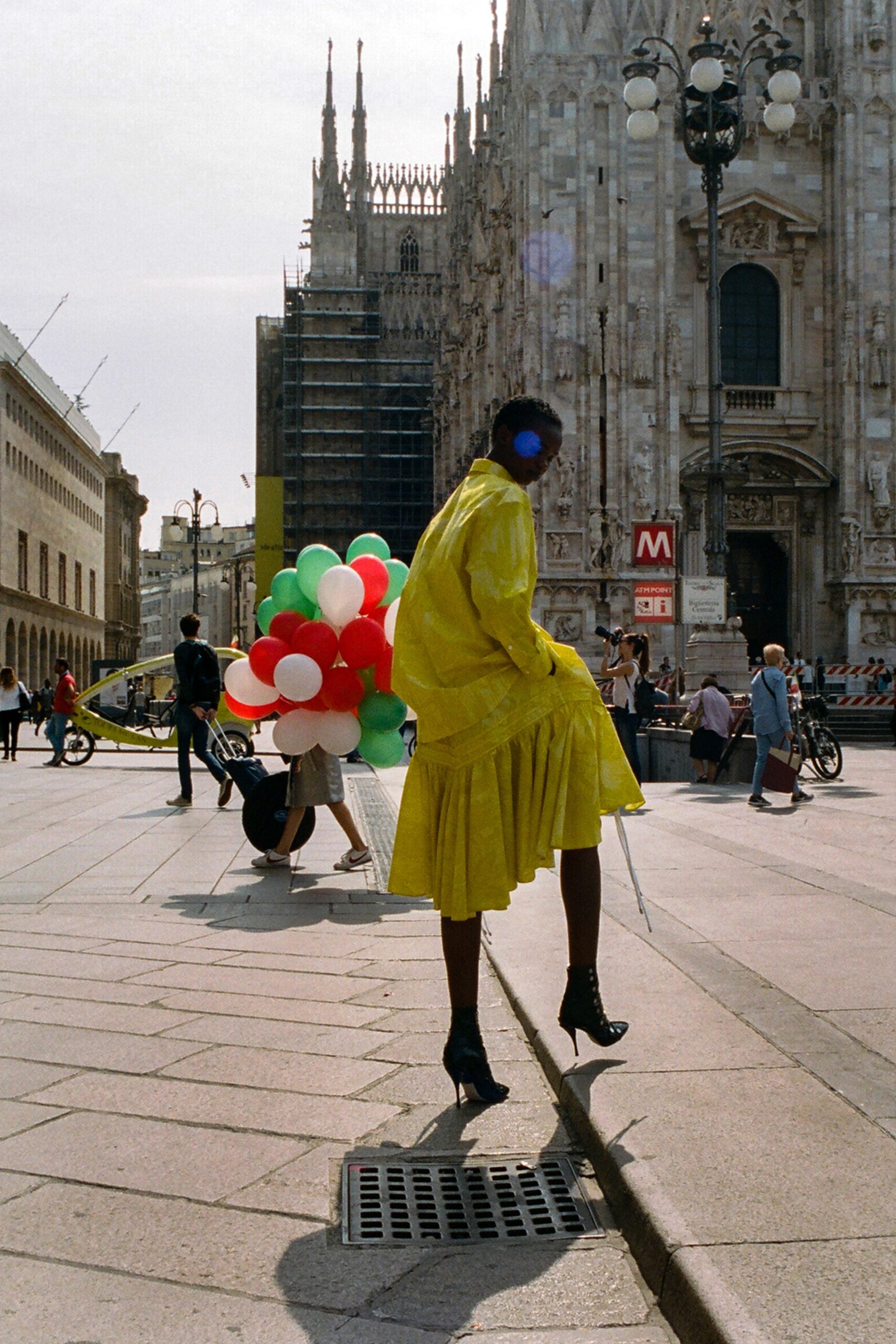 yellow vinyl midi dress