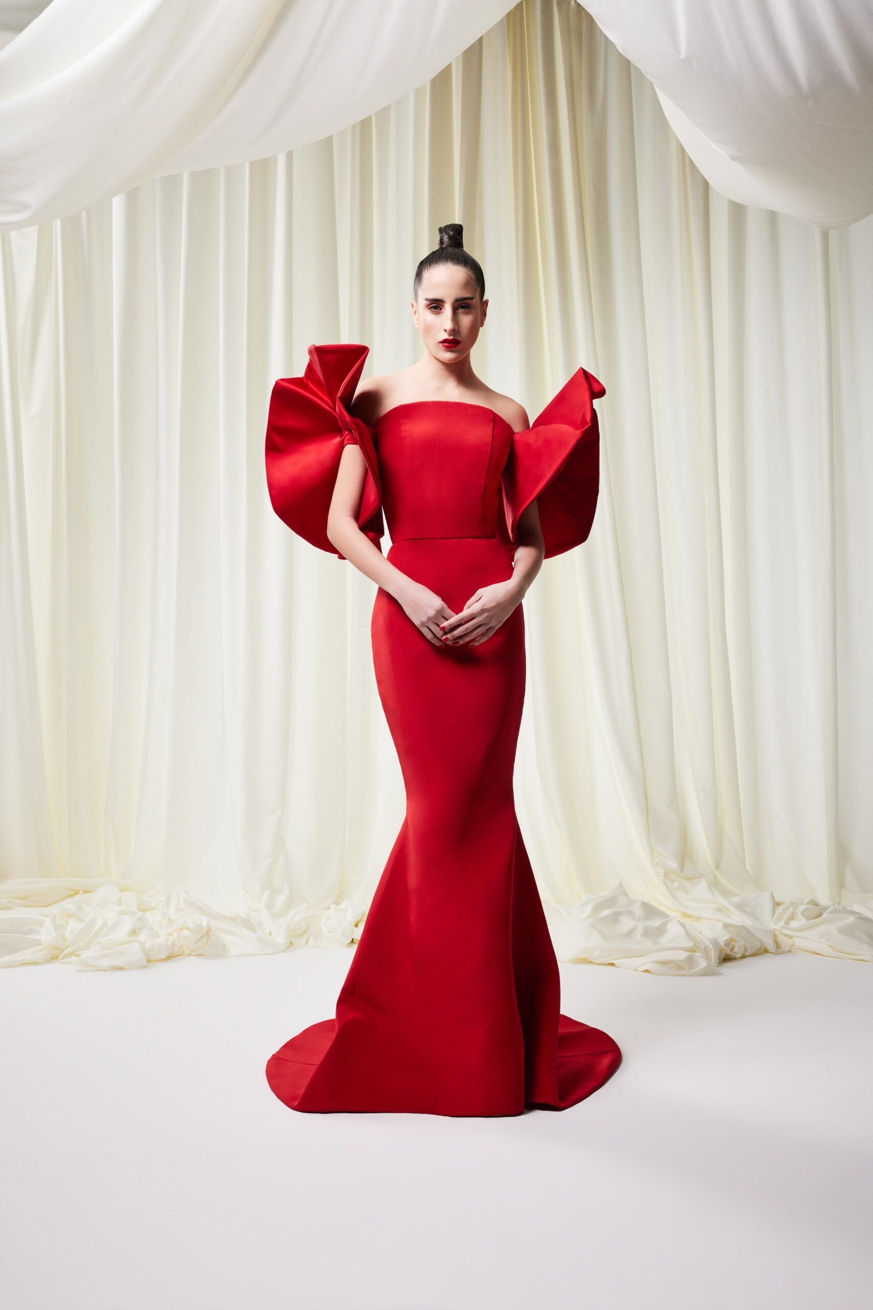 red silk strapless gown