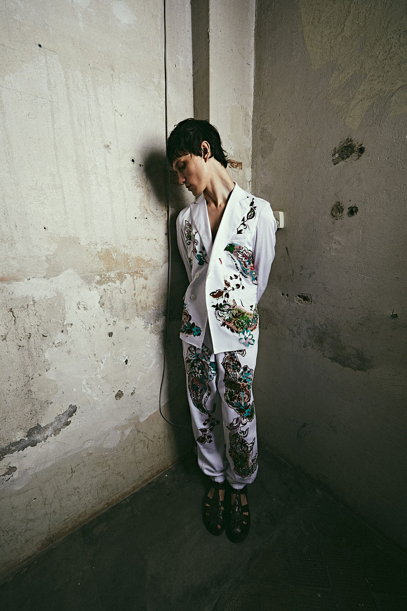 white embroidered tailored suit