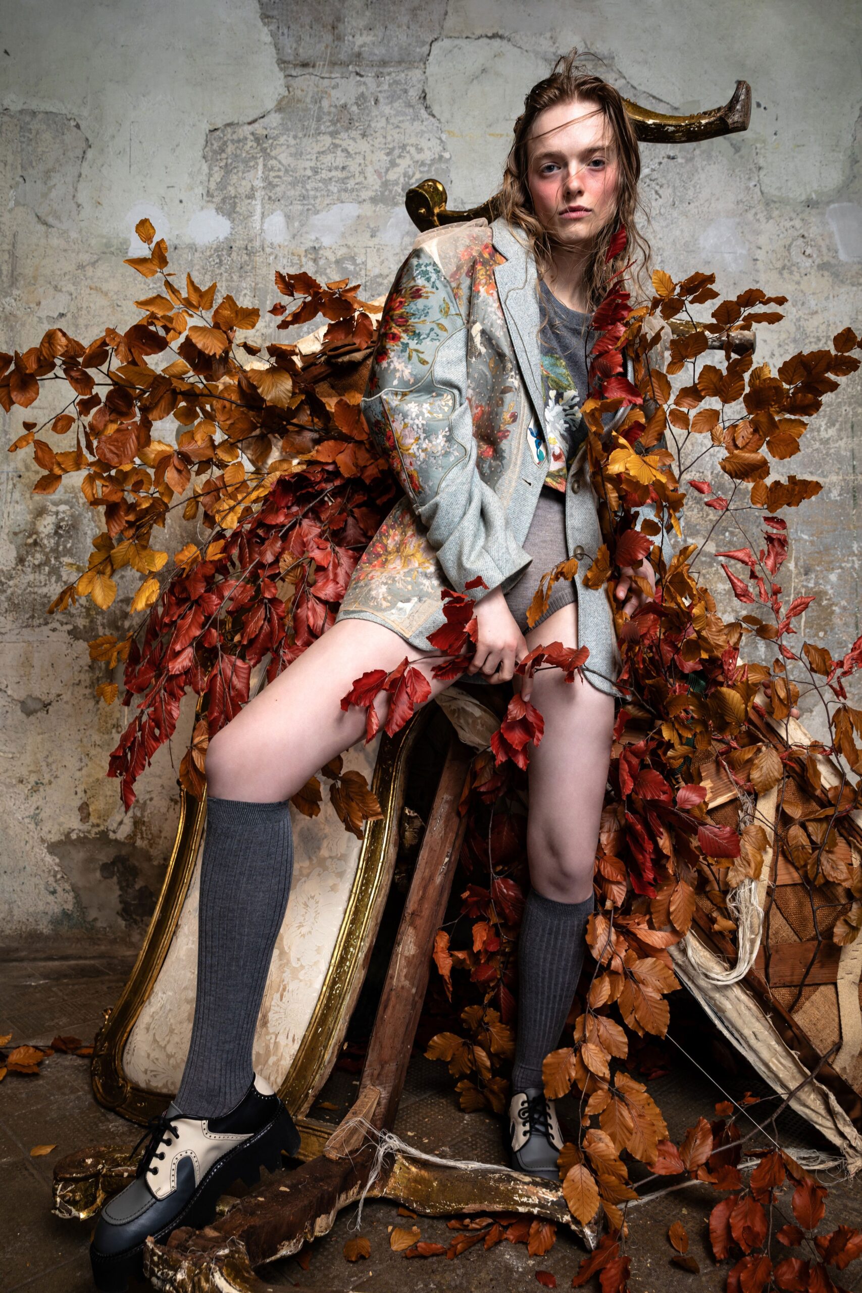 gray embroidered jacket with shorts