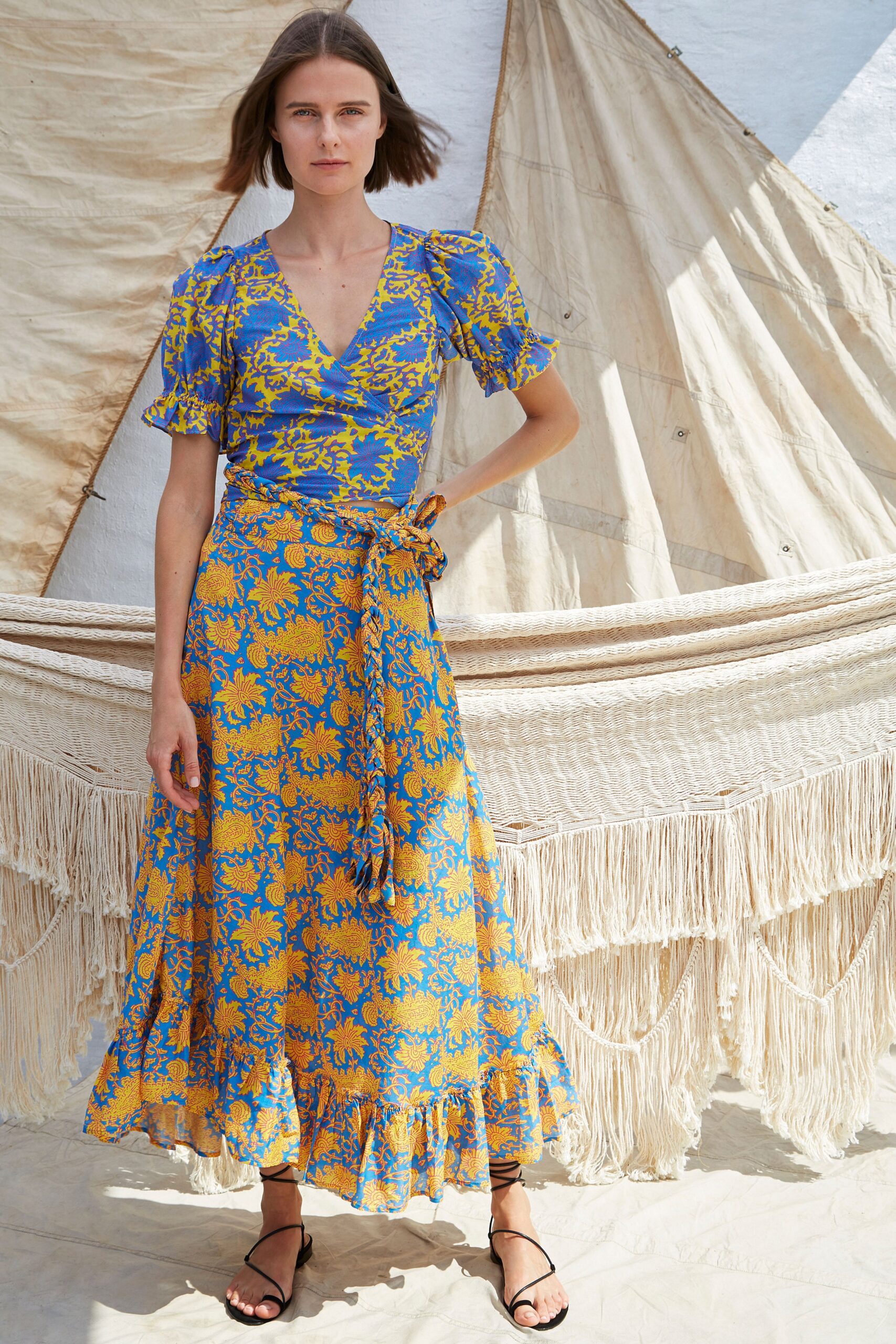 blue and yellow printed midi dress