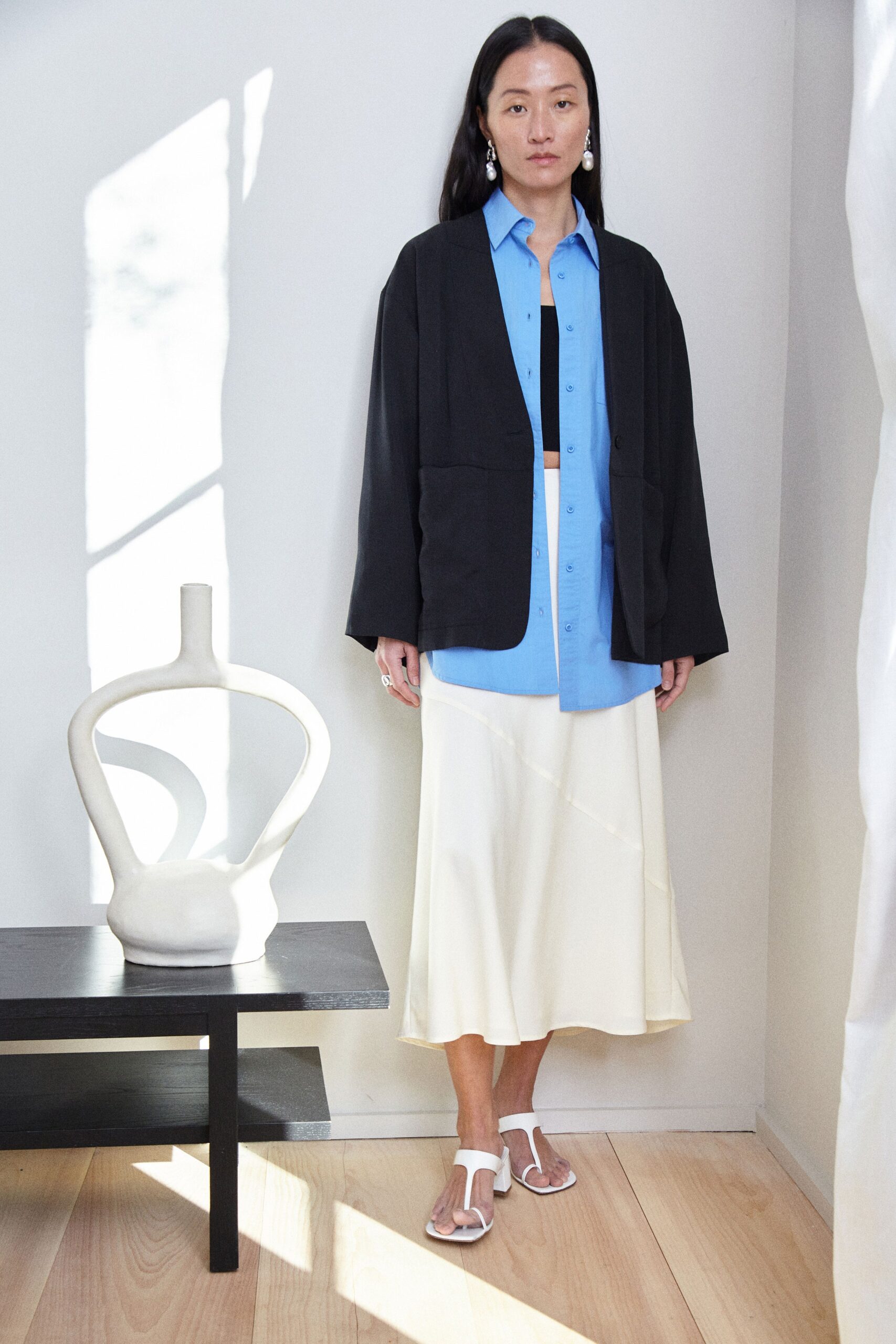 blue blouse white midi skirt