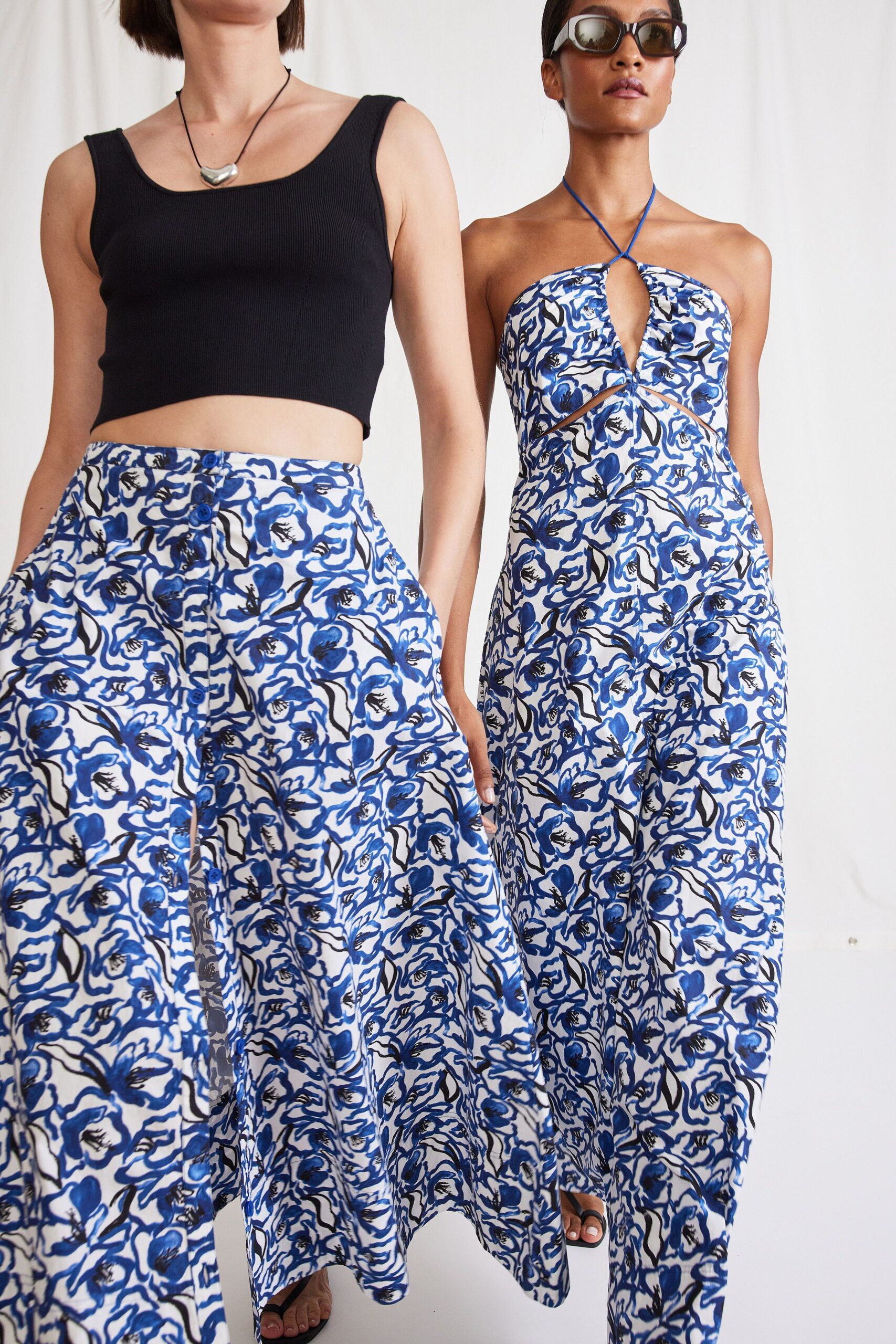 blue strapless v-neck fitted flared maxi dress