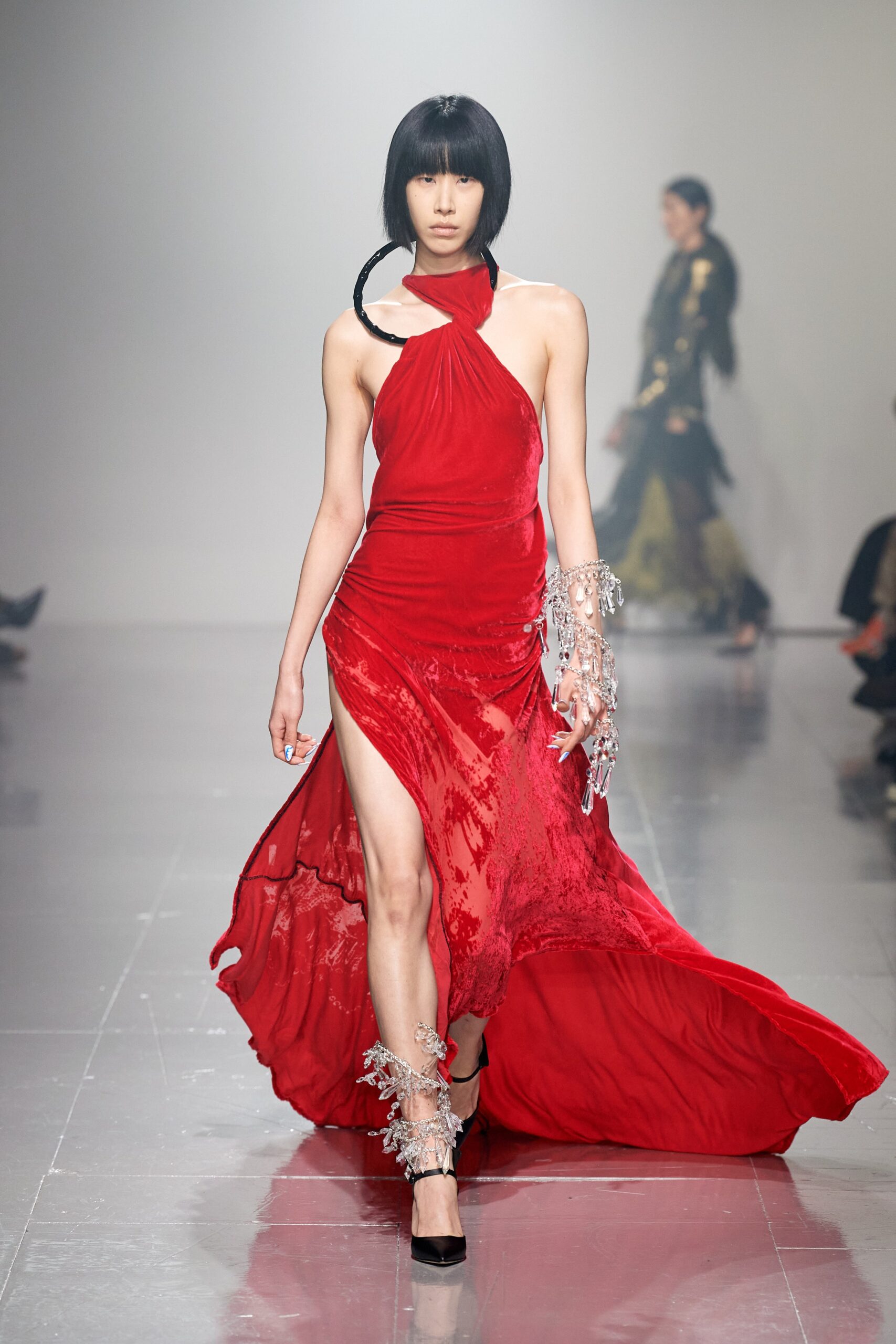 red silk fitted gown