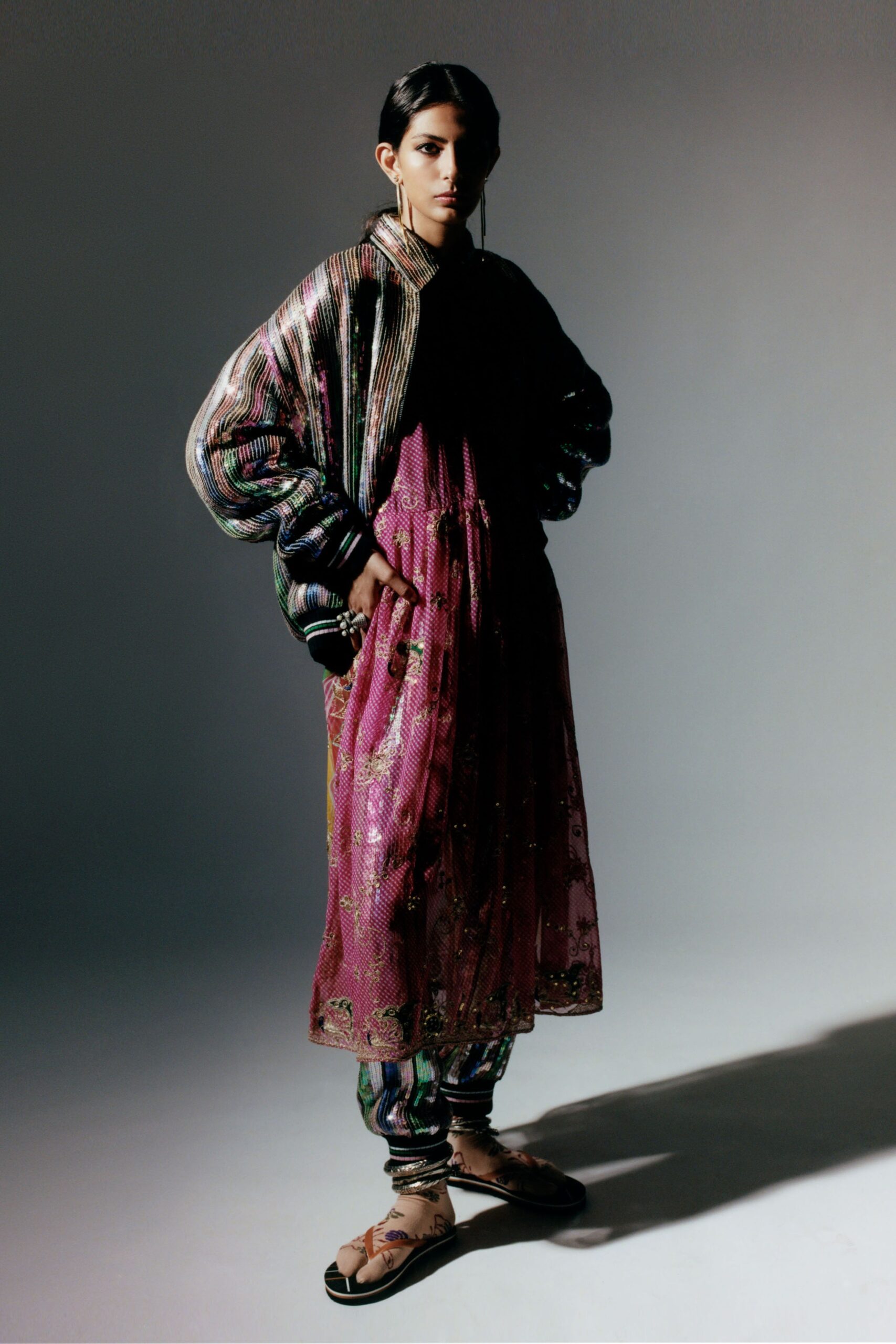 multi-colored oversized jacket and pink dress