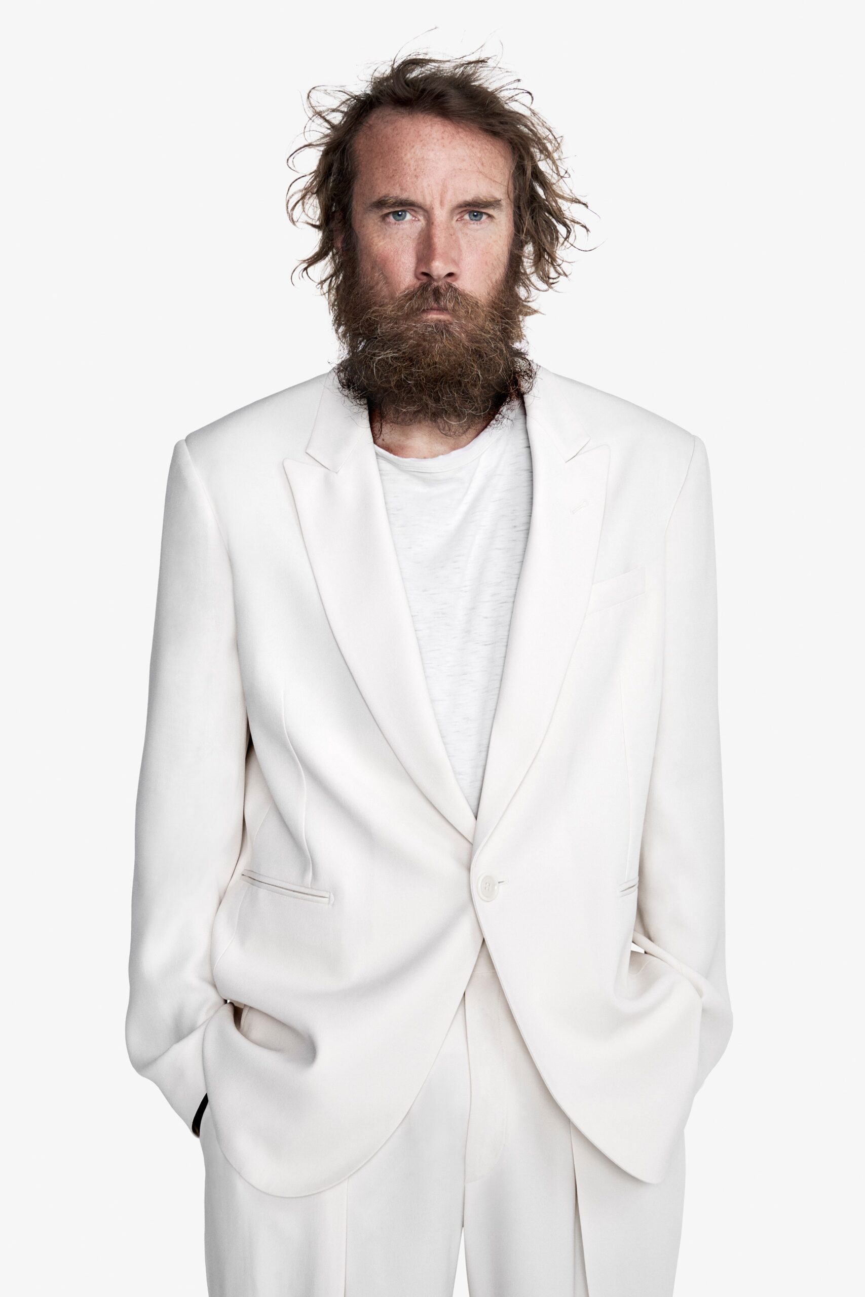 white tailored suit with t-shirt