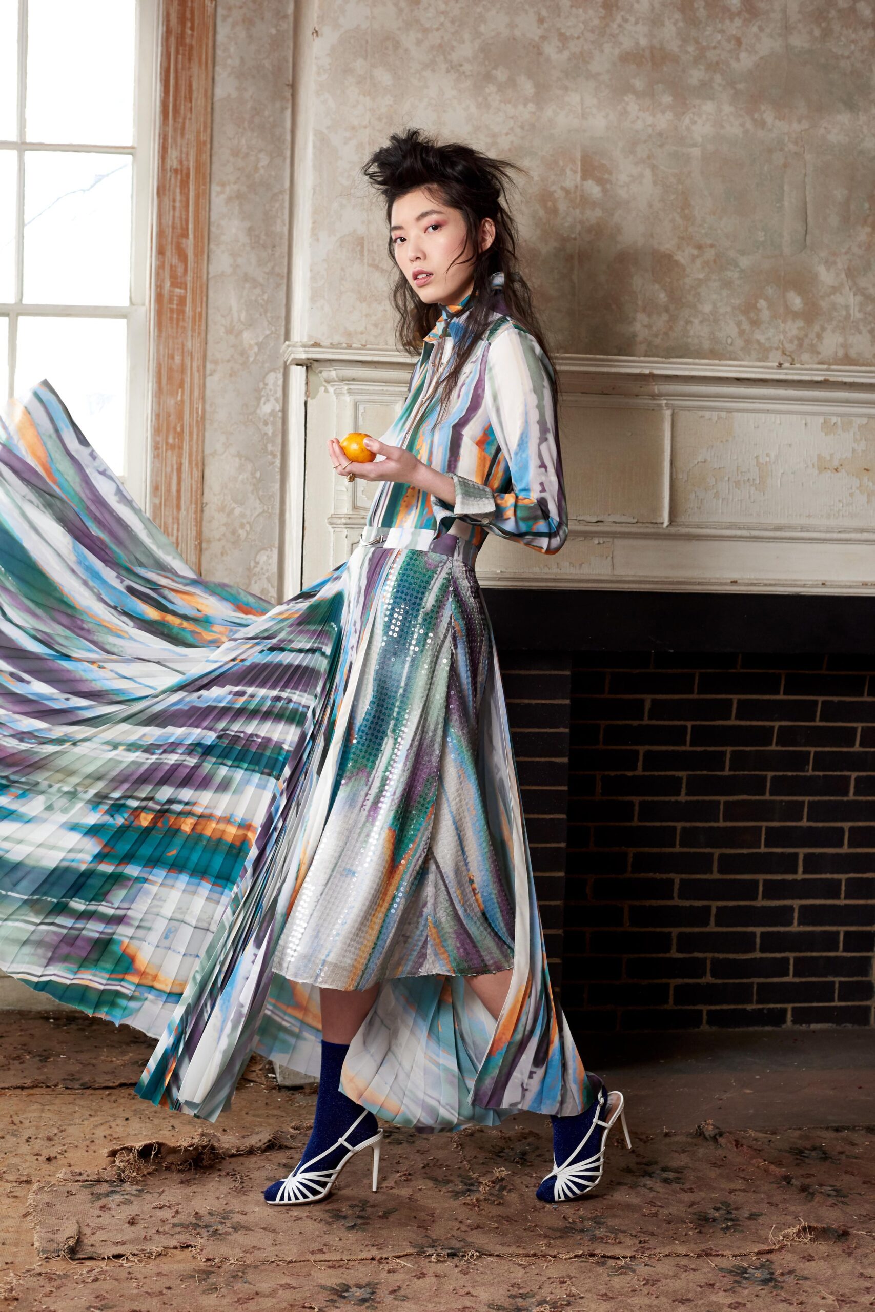multi-colored pleated midi dress