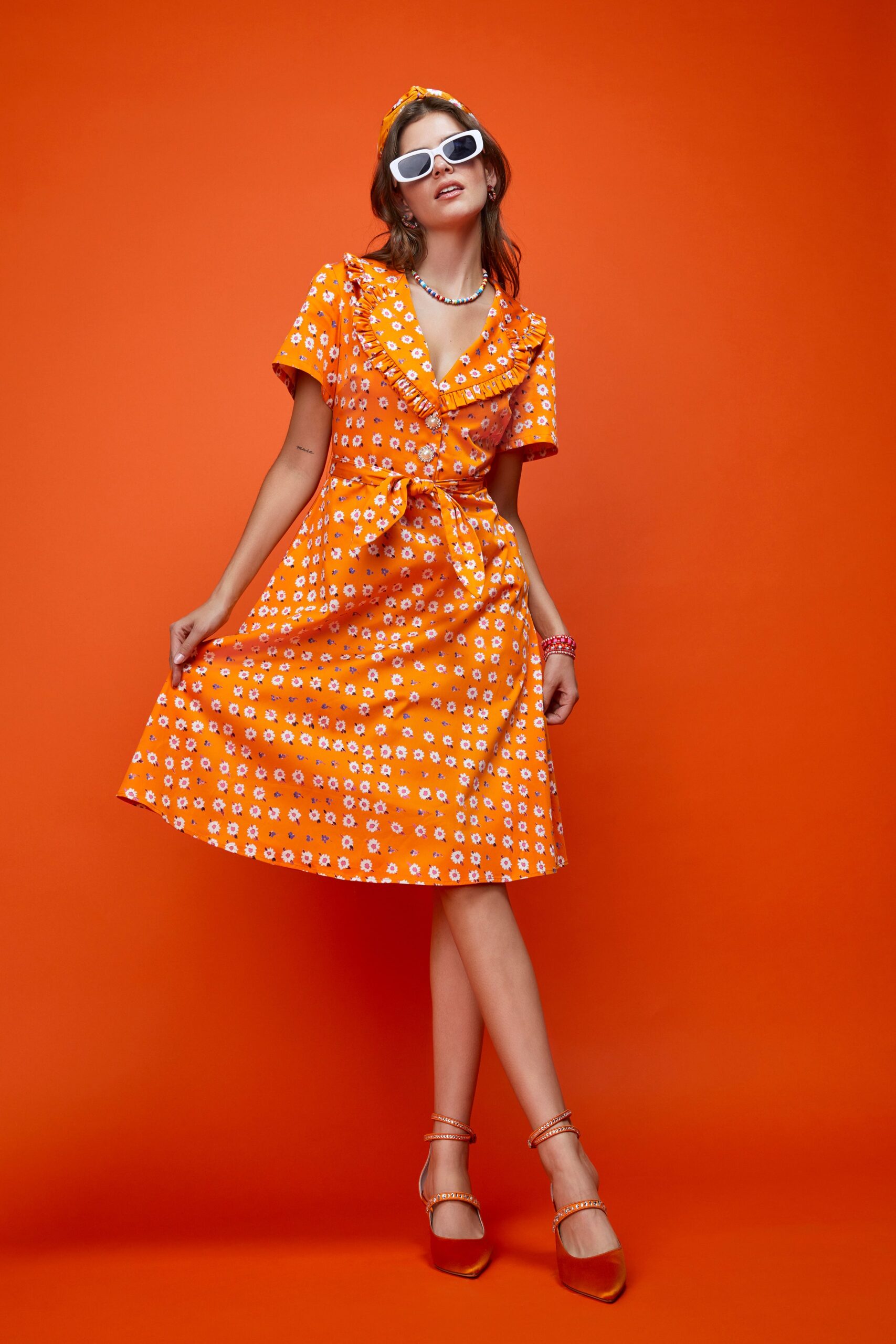 orange floral midi dress