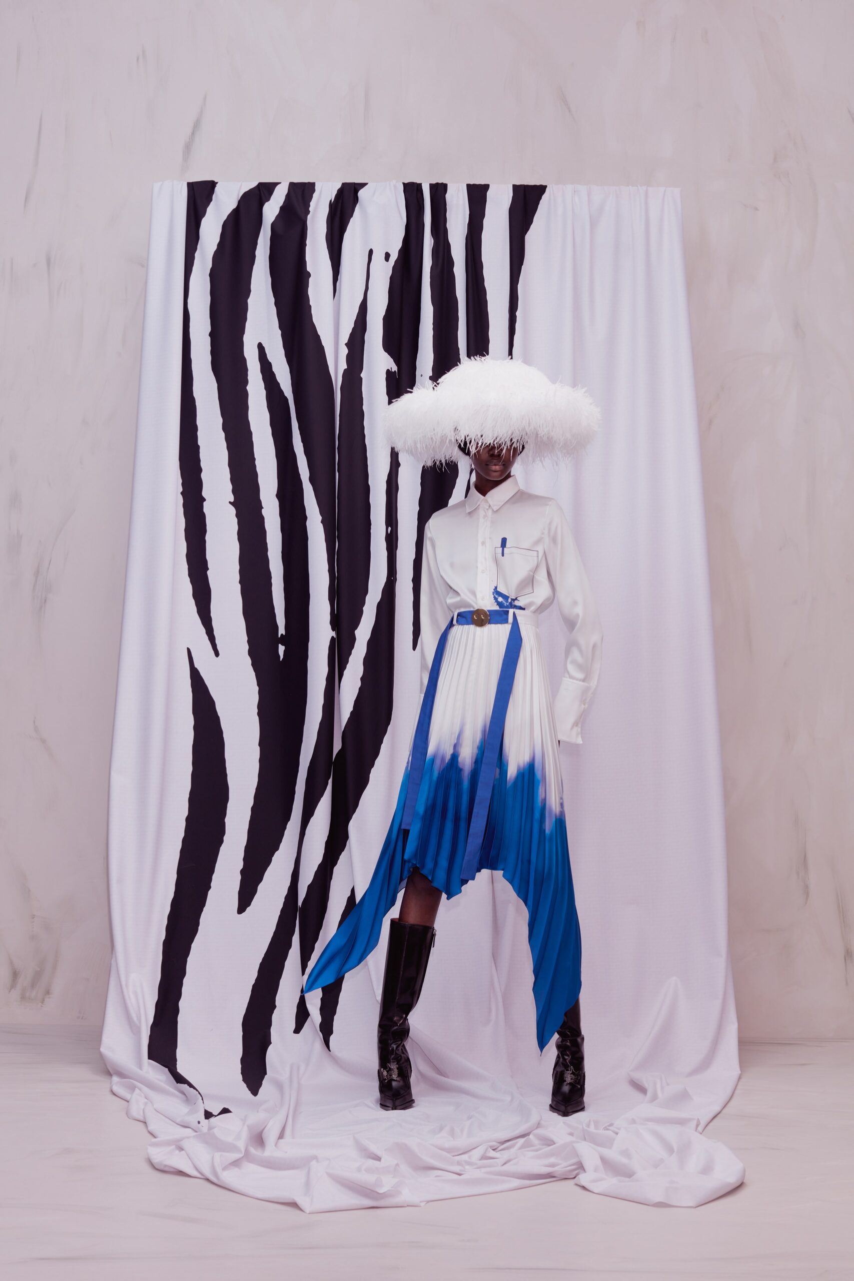 white and blue pleated midi dress