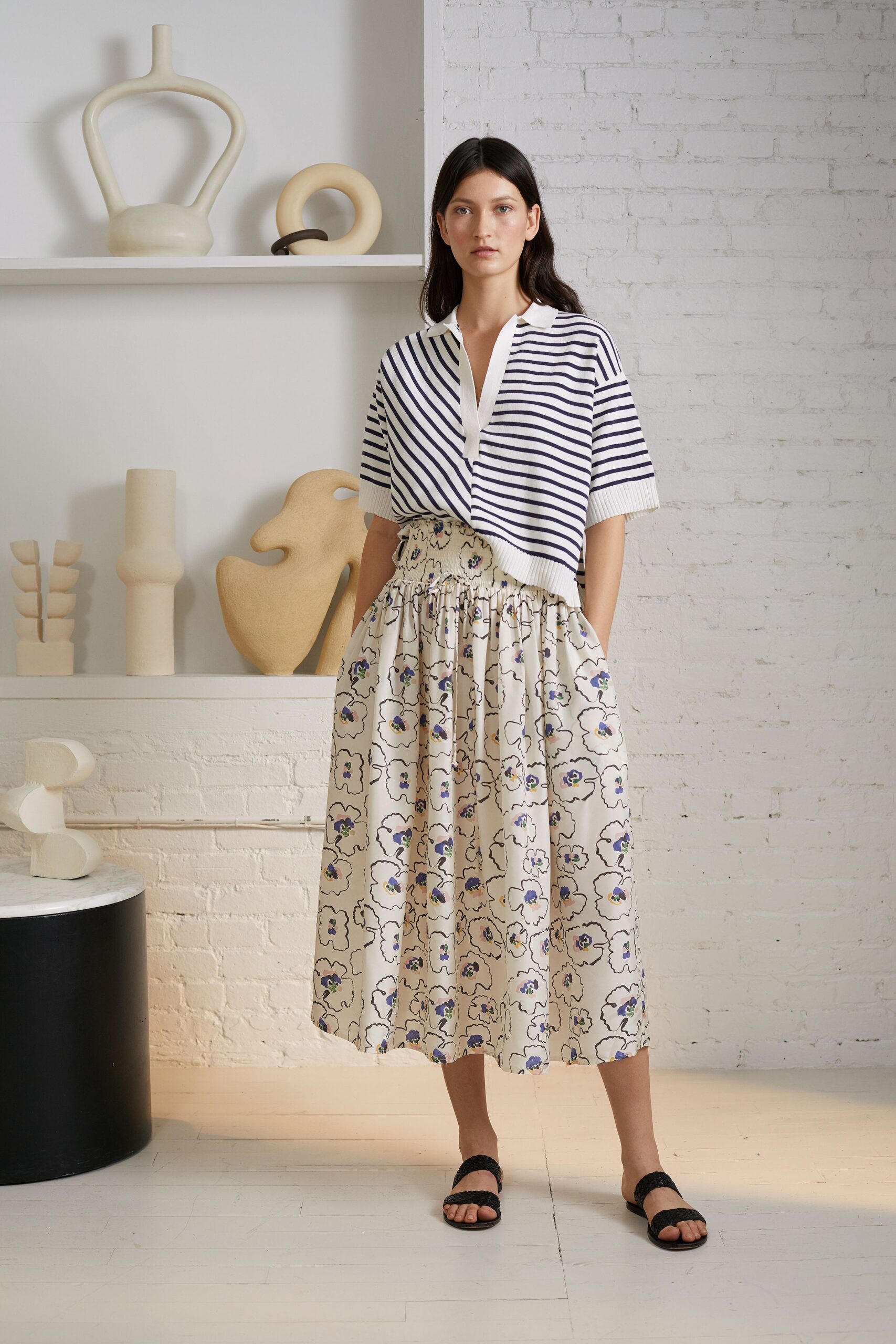 beige fitted flared printed midi skirt
