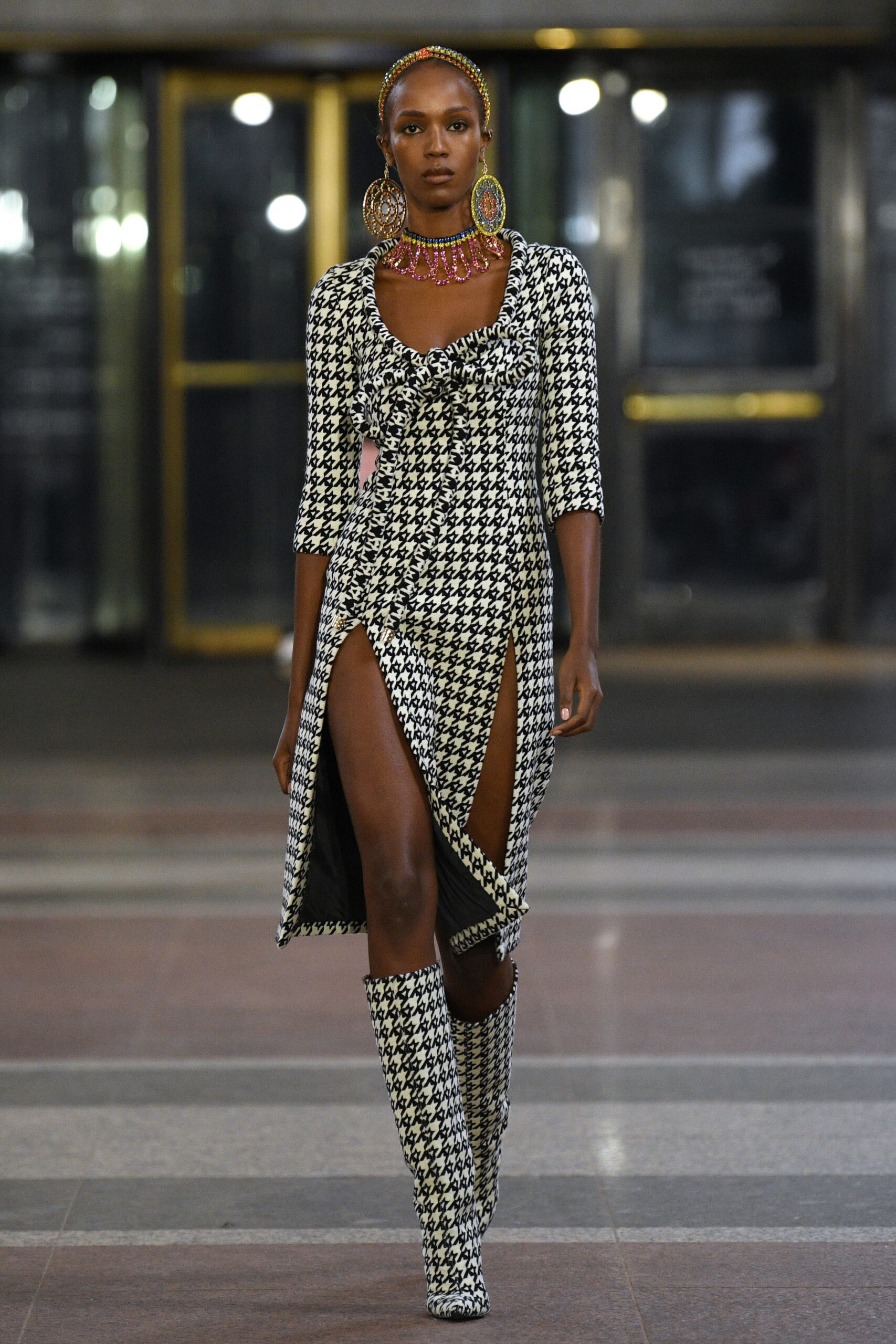 black and white midi dress with boots