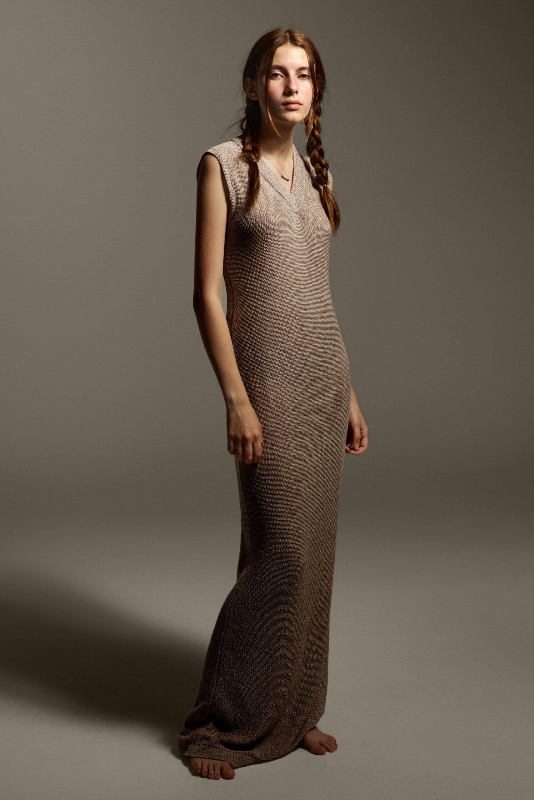 fitted brown wool maxi dress
