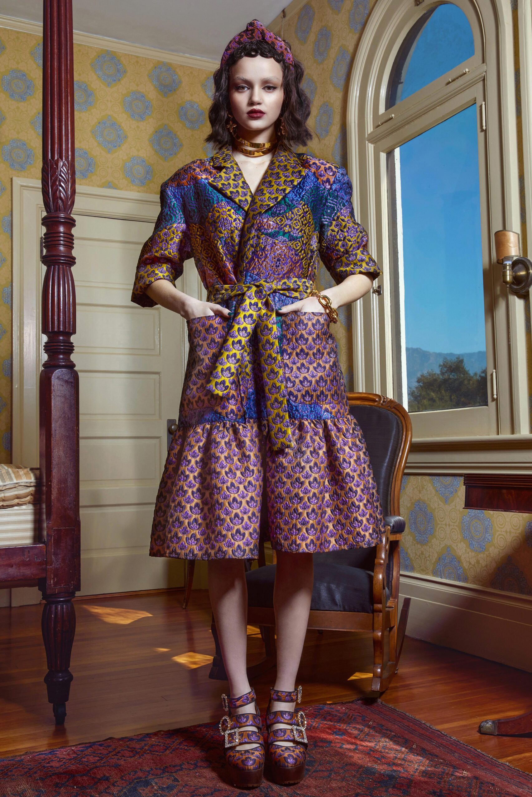 purple gold blue tiered dress