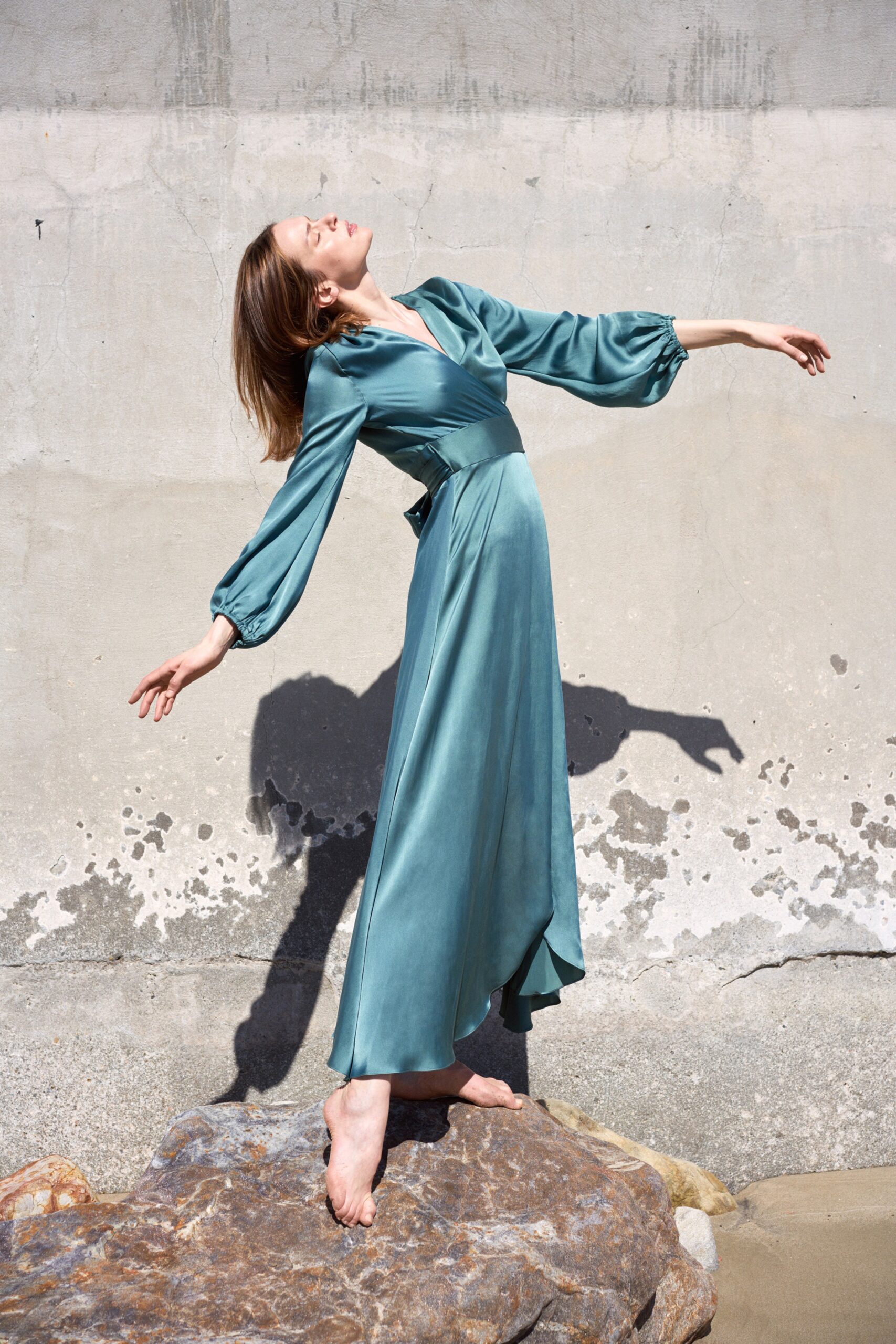 teal silk long-sleeve dress