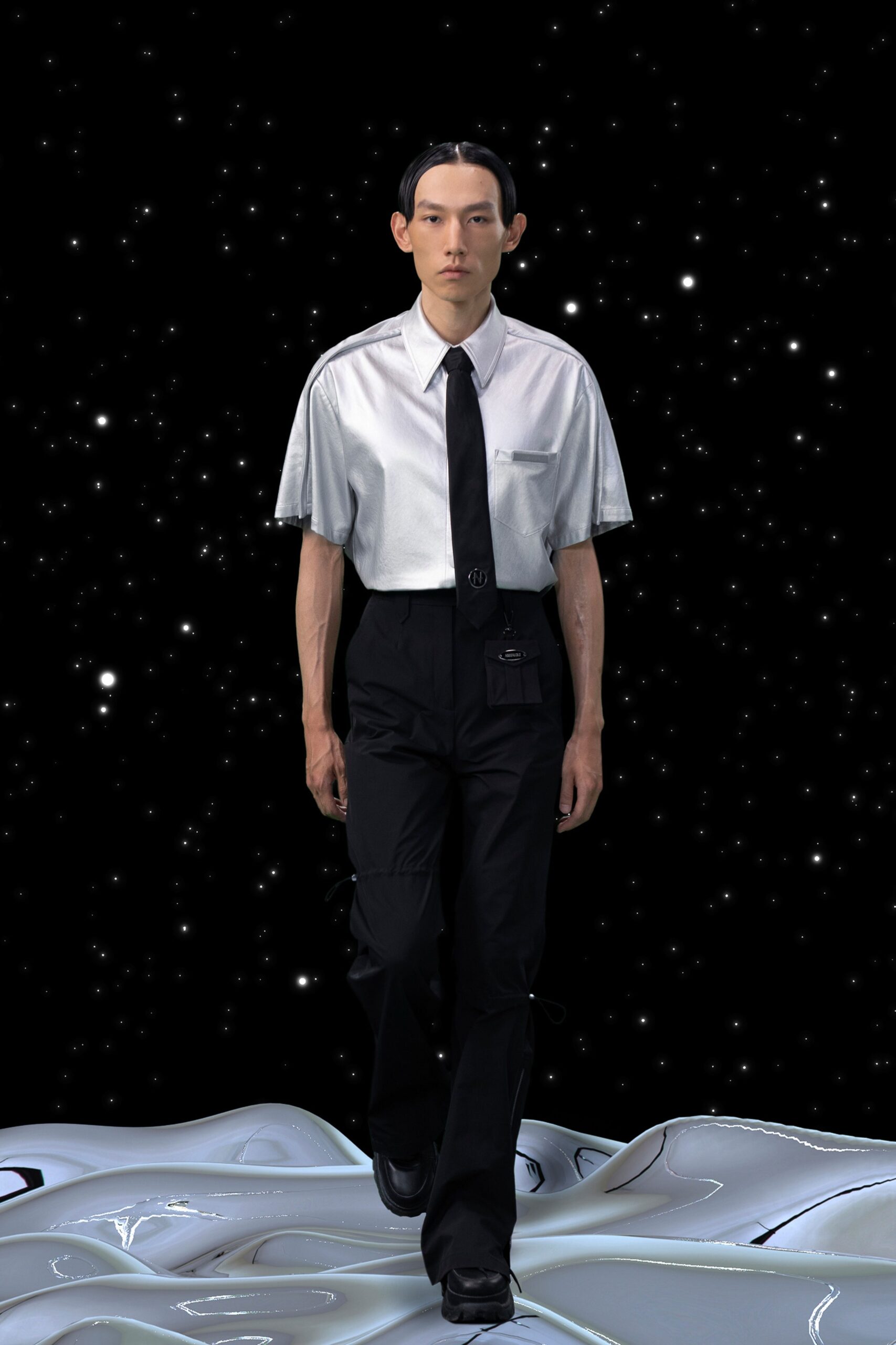 silver collared shirt and black cargo pants