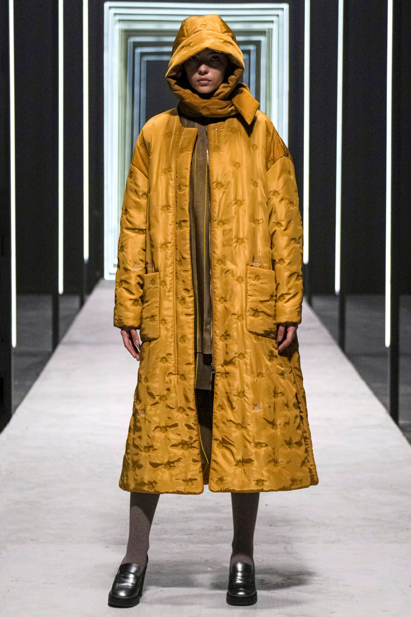 yellow long-sleeve hooded relaxed padded pockets maxi coat