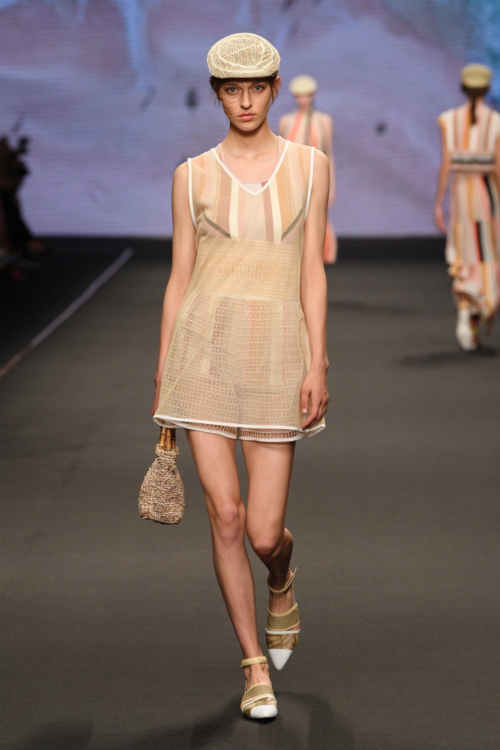 beige multi-colored sleeveless dress