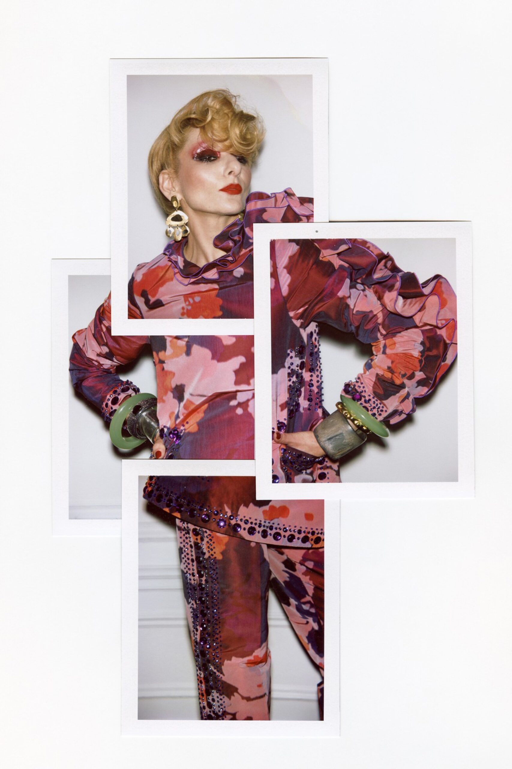 printed pink and purple top with fitted pants