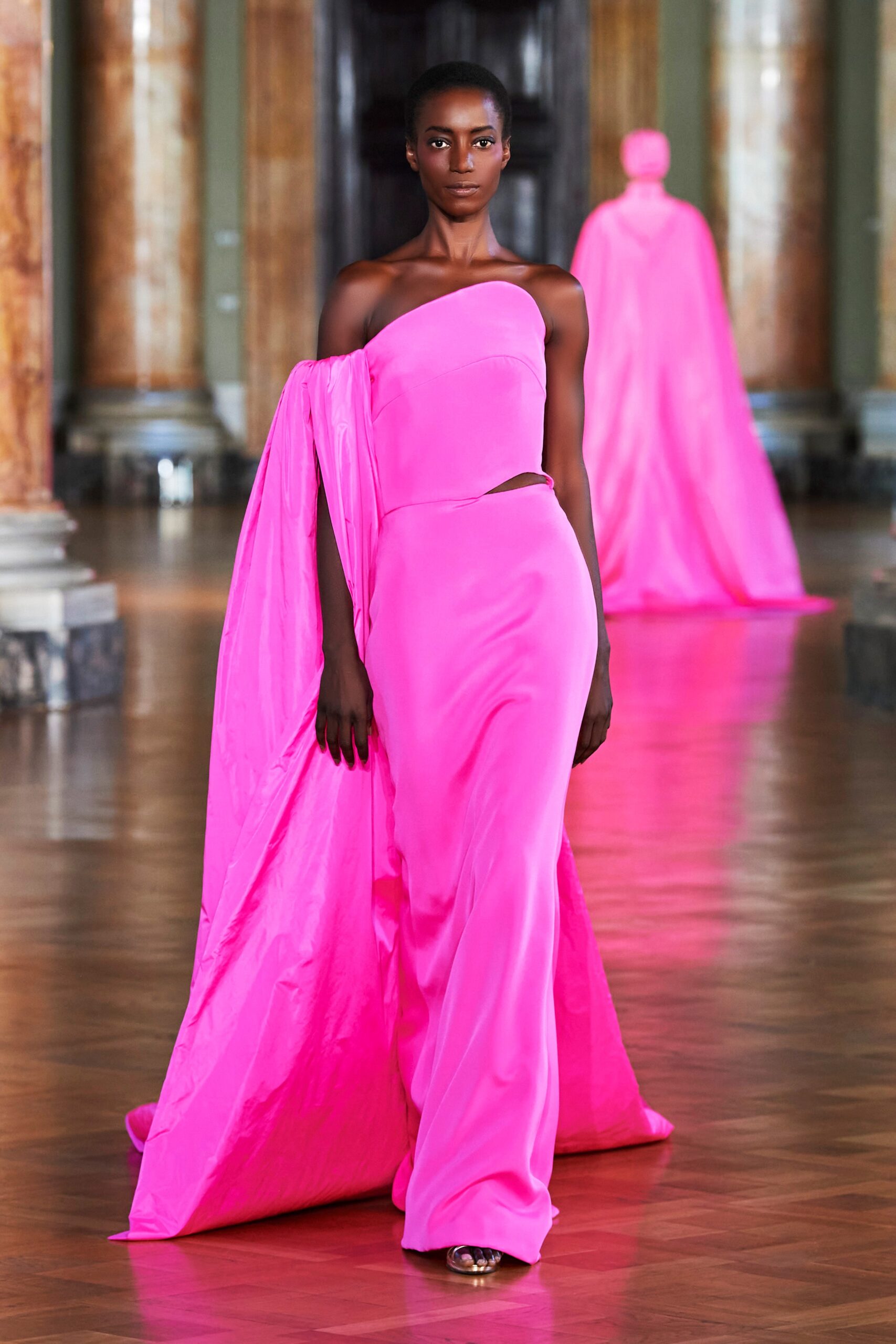 pink silk gown with cape